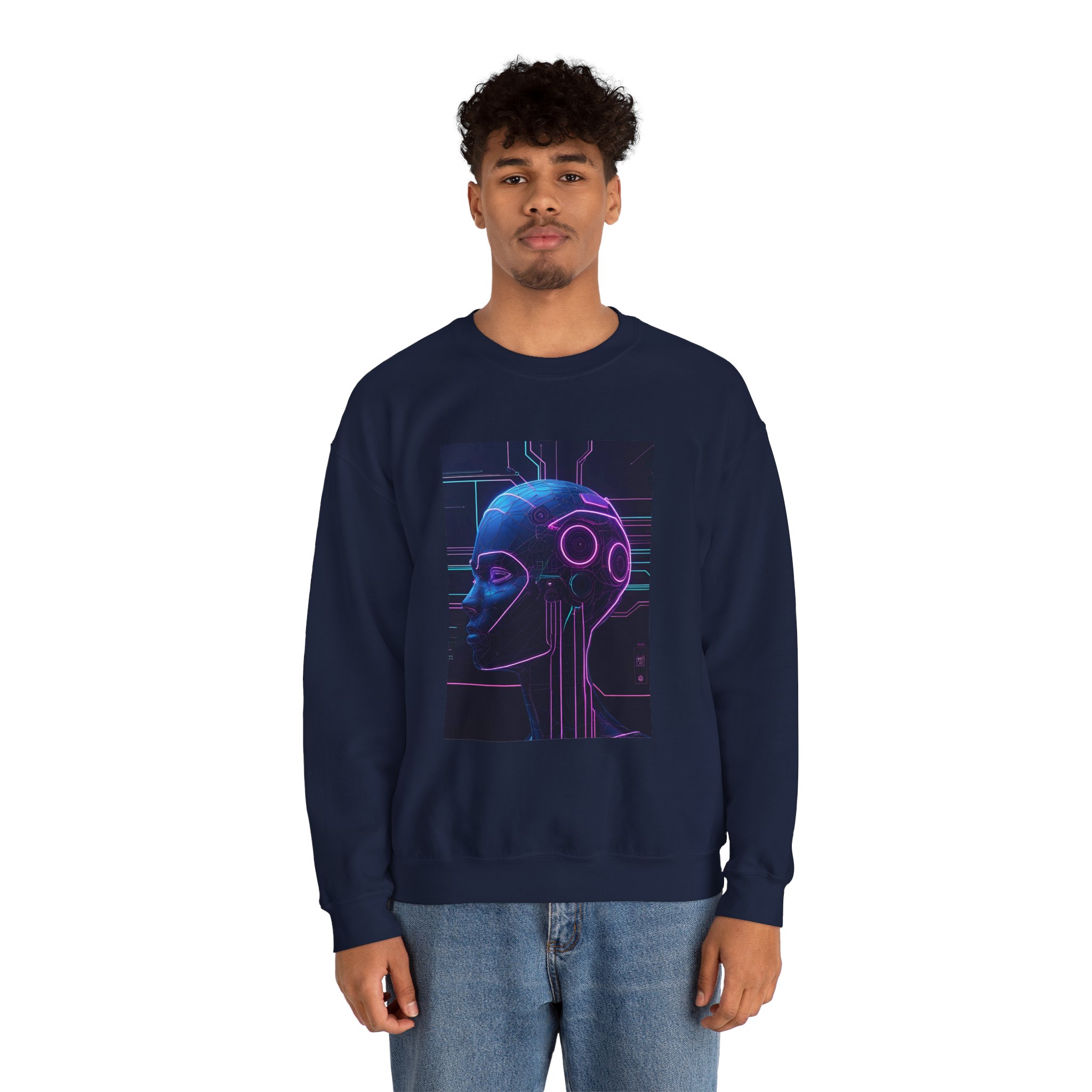 Cyberpunk AI Wireframe Neon Circuit Dark Sci-Fi Crewneck Sweatshirt - Image 54