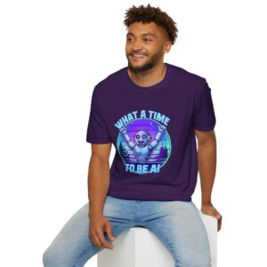 What A Time To Be AI – Retro Synthwave Robot Celebration Graphic Tee