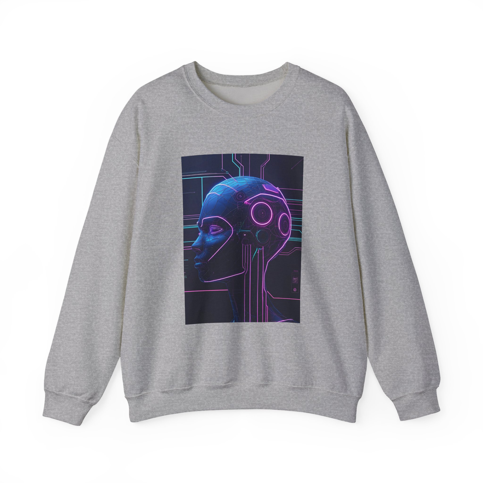 Cyberpunk AI Wireframe Neon Circuit Dark Sci-Fi Crewneck Sweatshirt - Image 2