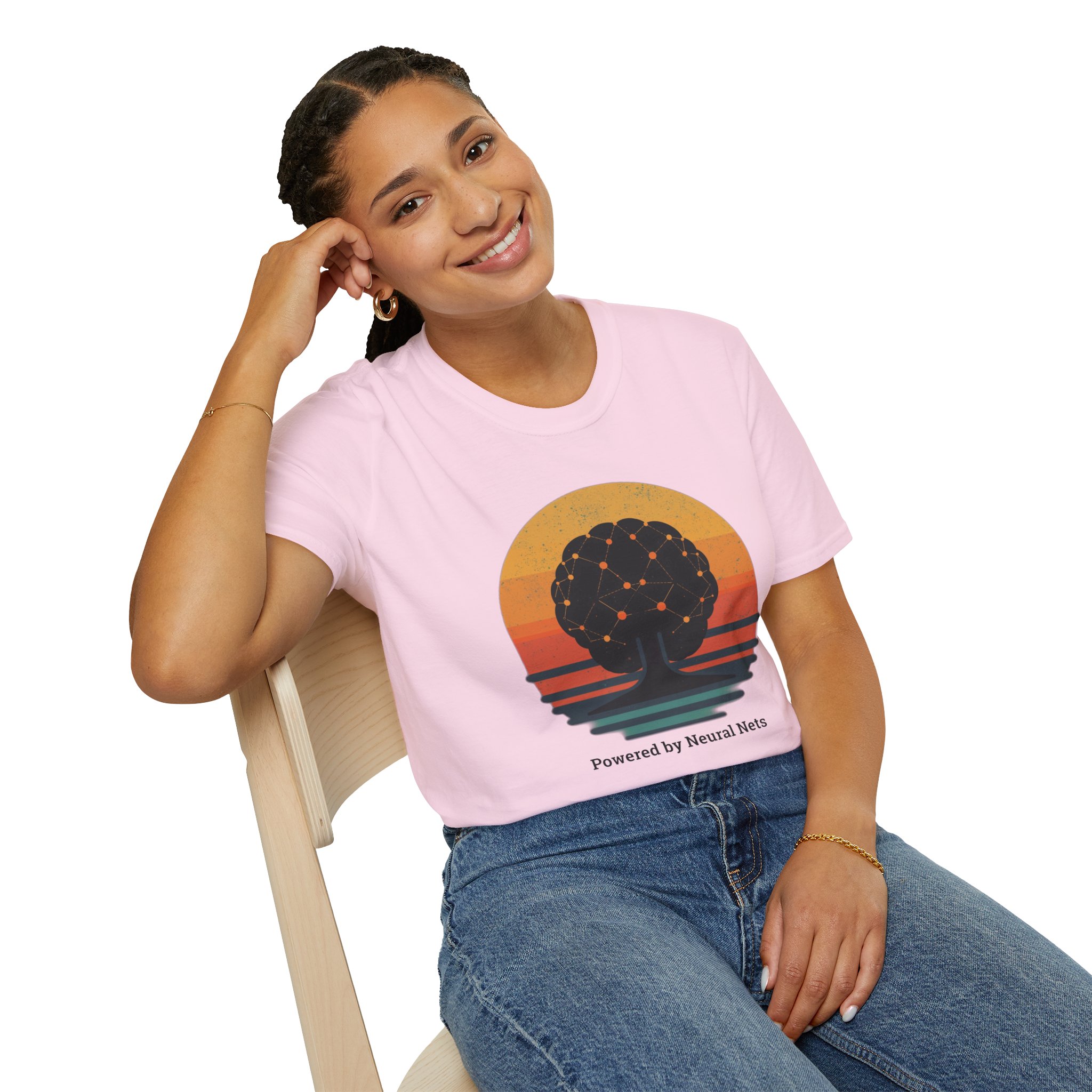 Powered by Neural Nets Retro Sunset Neural Network Tree AI T-Shirt - Image 123