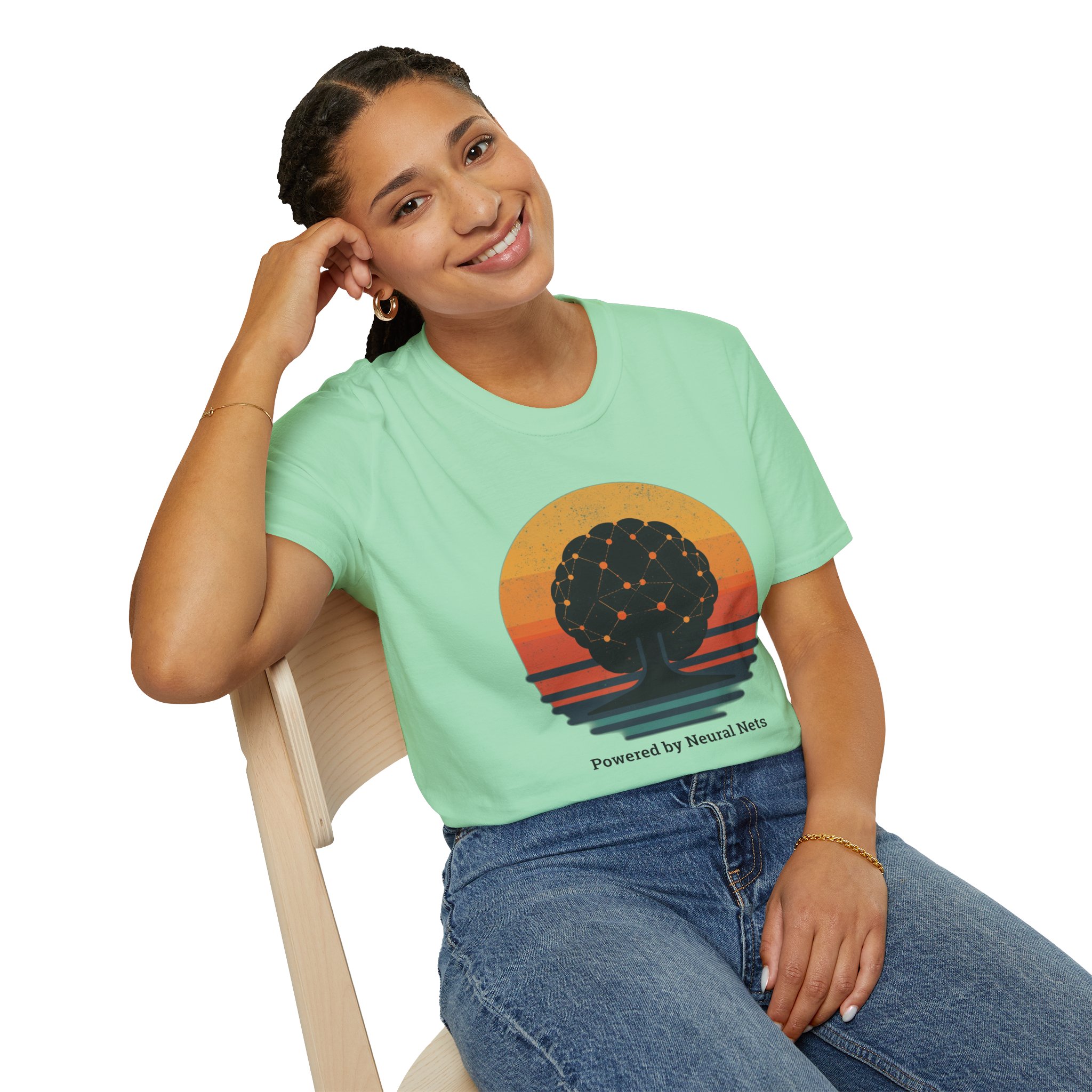 Powered by Neural Nets Retro Sunset Neural Network Tree AI T-Shirt - Image 78