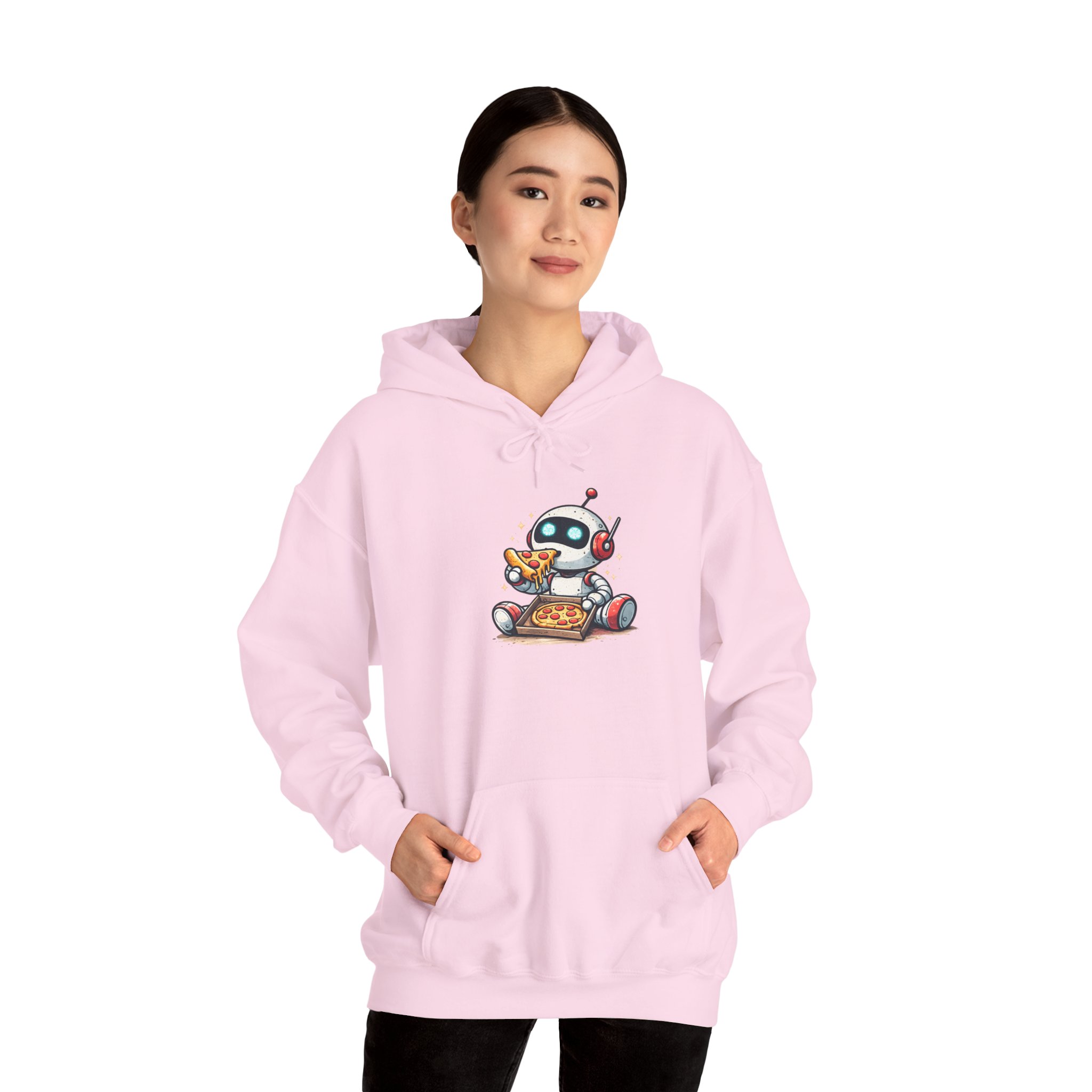 Robot Eating Pizza – Cute AI Tech Humor Graphic Pullover Hoodie - Image 150