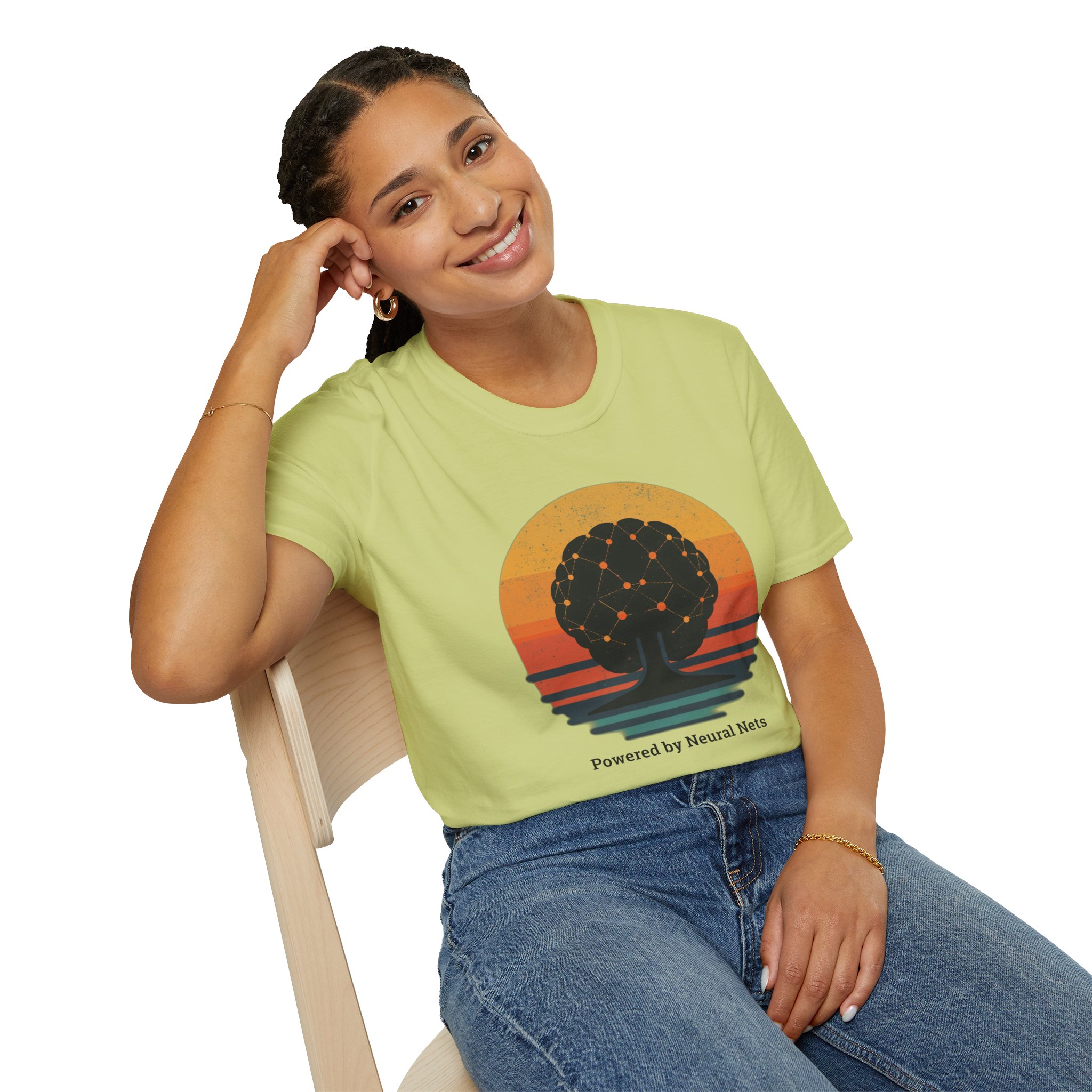 Powered by Neural Nets Retro Sunset Neural Network Tree AI T-Shirt - Image 69
