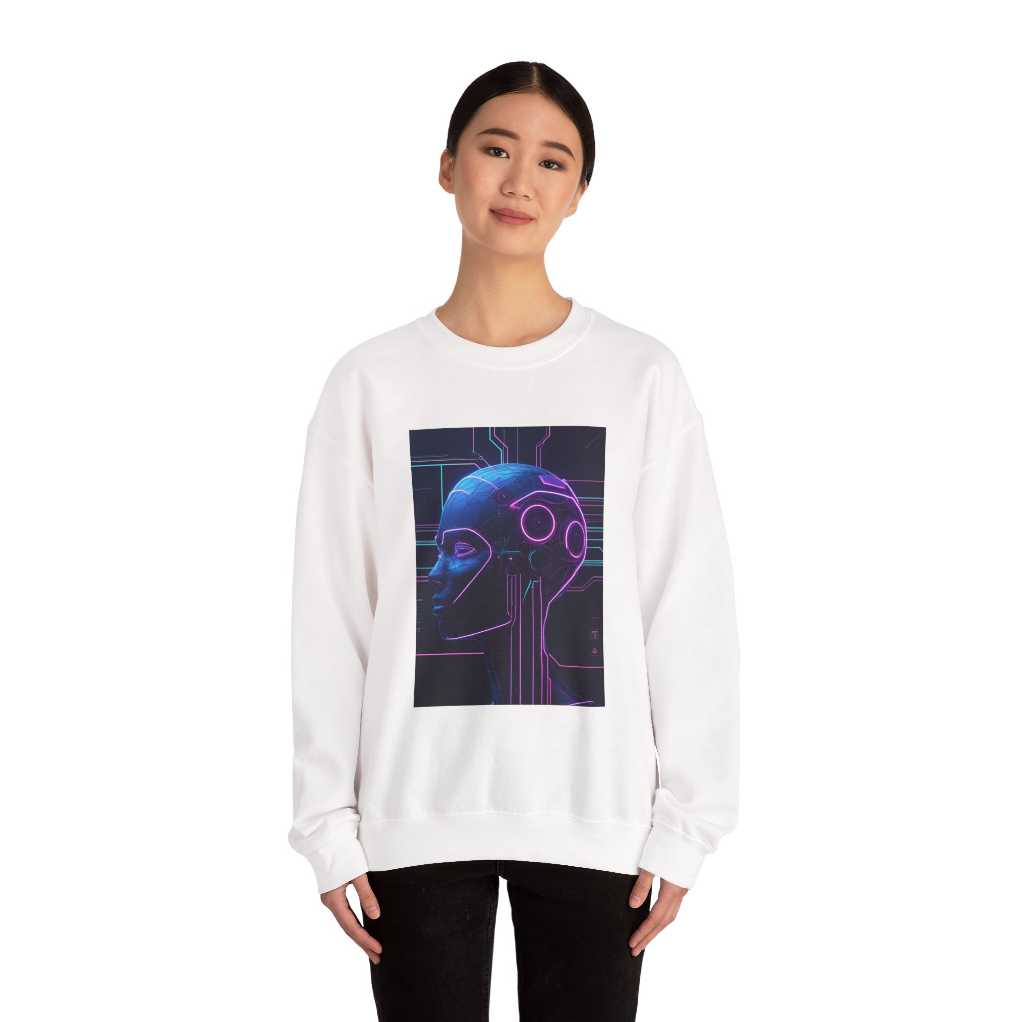 Cyberpunk AI Wireframe Neon Circuit Dark Sci-Fi Crewneck Sweatshirt - Image 11