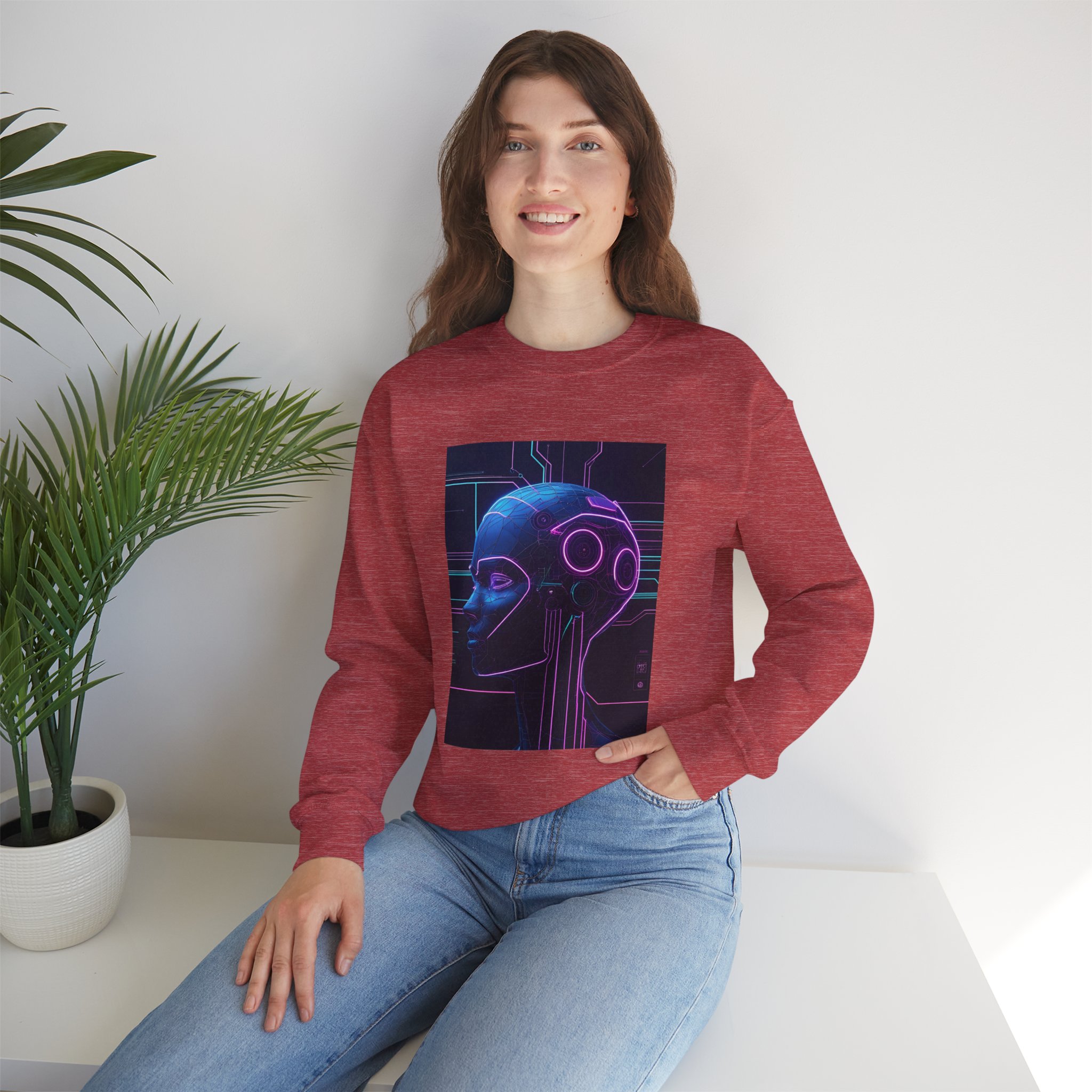 Cyberpunk AI Wireframe Neon Circuit Dark Sci-Fi Crewneck Sweatshirt - Image 76