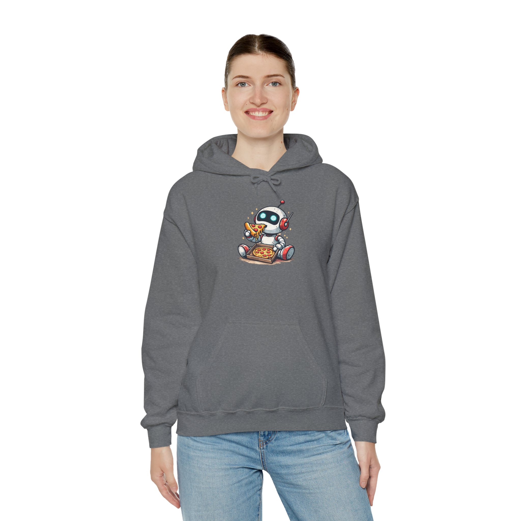 Robot Eating Pizza – Cute AI Tech Humor Graphic Pullover Hoodie - Image 80