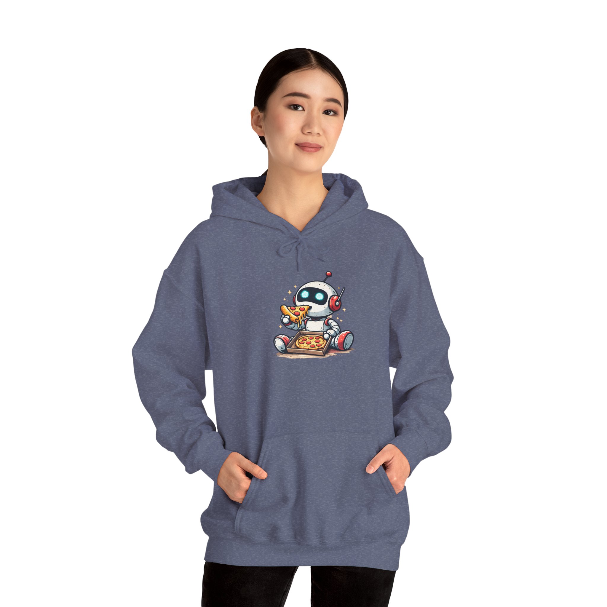 Robot Eating Pizza – Cute AI Tech Humor Graphic Pullover Hoodie - Image 126