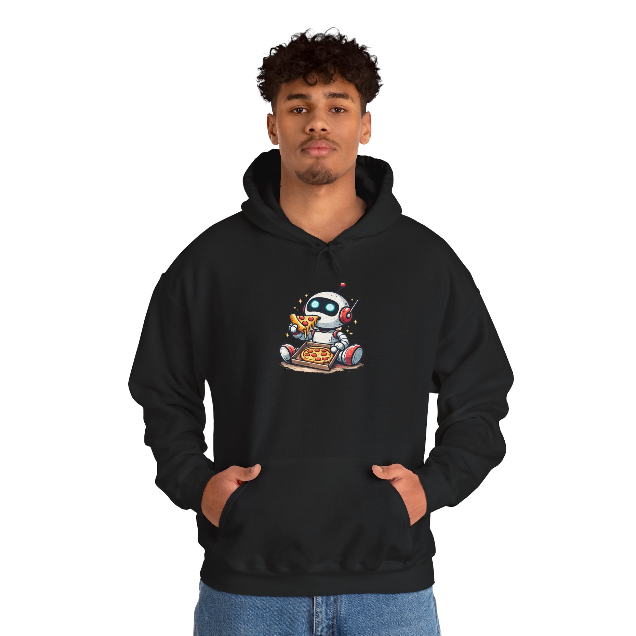 Robot Eating Pizza – Cute AI Tech Humor Graphic Pullover Hoodie - Image 55
