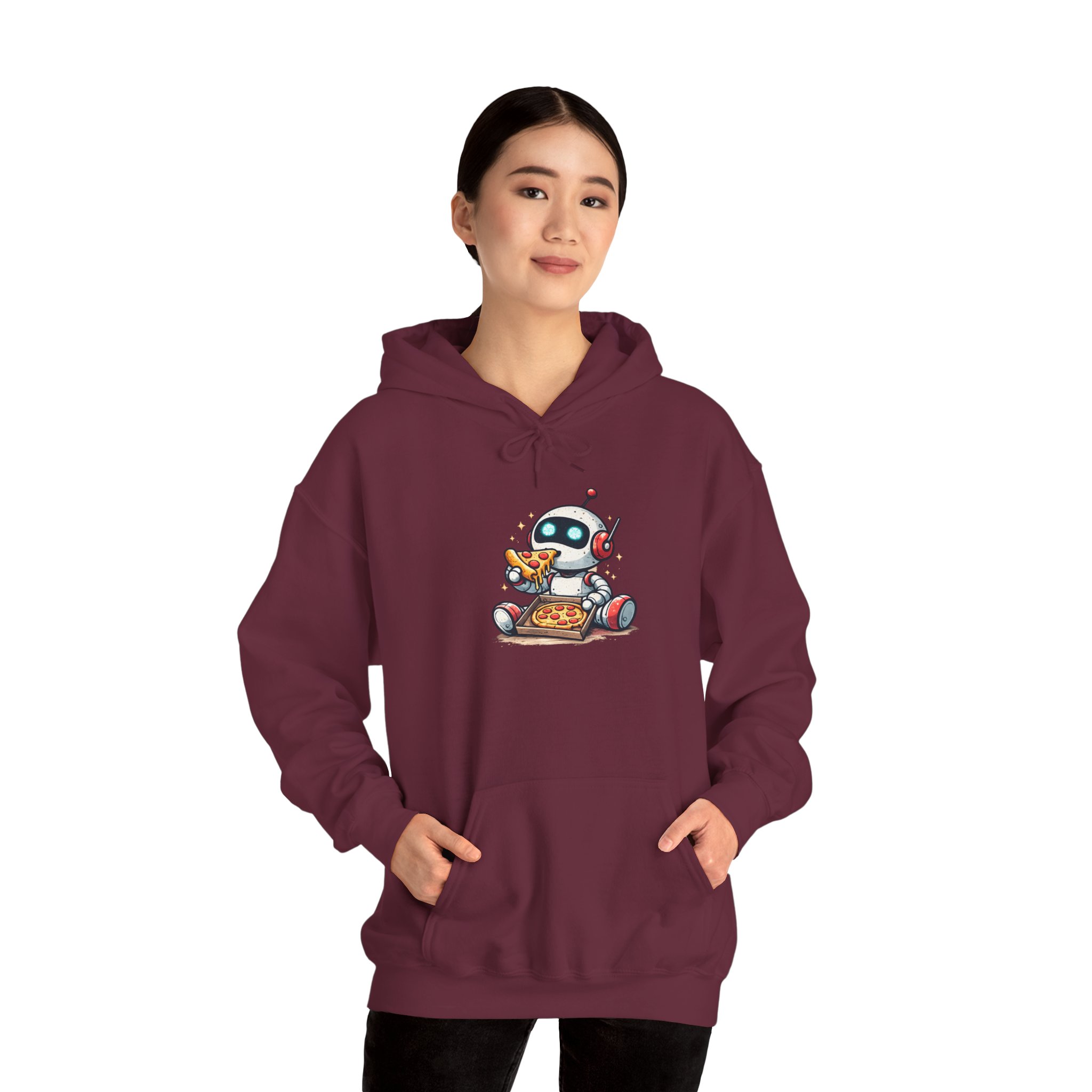 Robot Eating Pizza – Cute AI Tech Humor Graphic Pullover Hoodie - Image 66