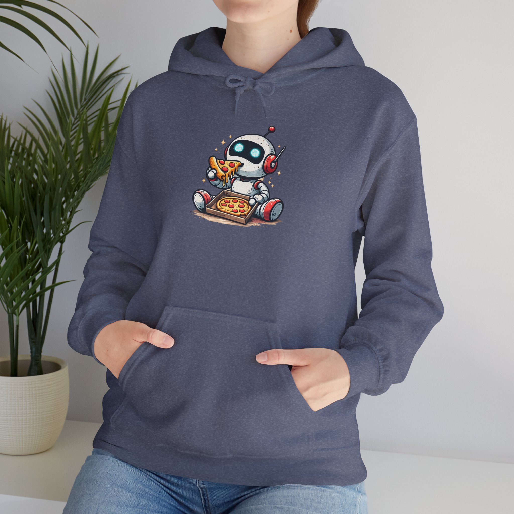 Robot Eating Pizza – Cute AI Tech Humor Graphic Pullover Hoodie - Image 131