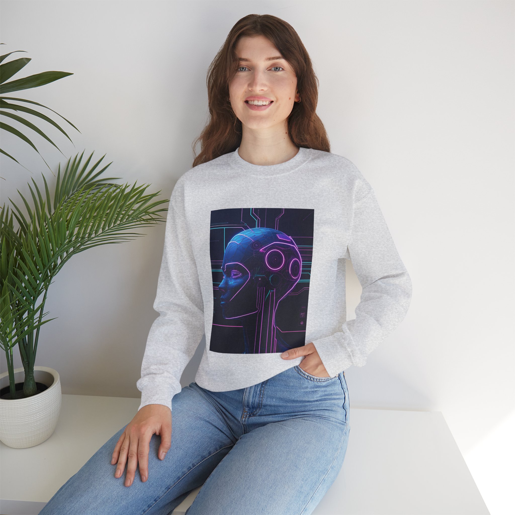 Cyberpunk AI Wireframe Neon Circuit Dark Sci-Fi Crewneck Sweatshirt - Image 27