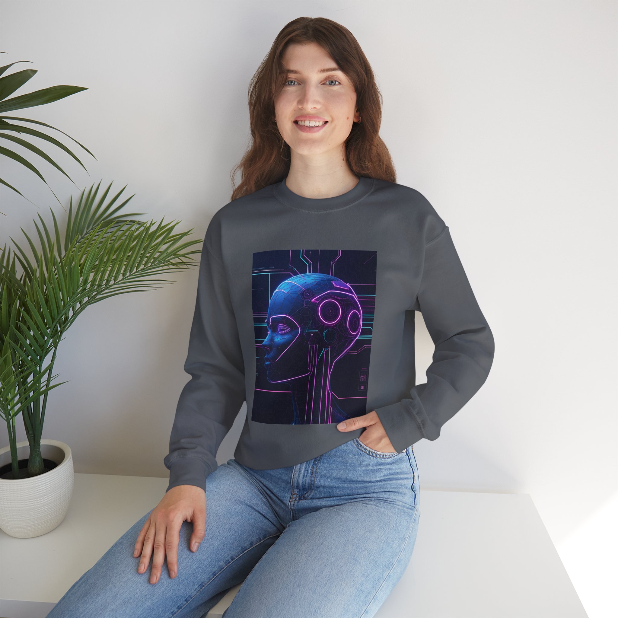 Cyberpunk AI Wireframe Neon Circuit Dark Sci-Fi Crewneck Sweatshirt - Image 48