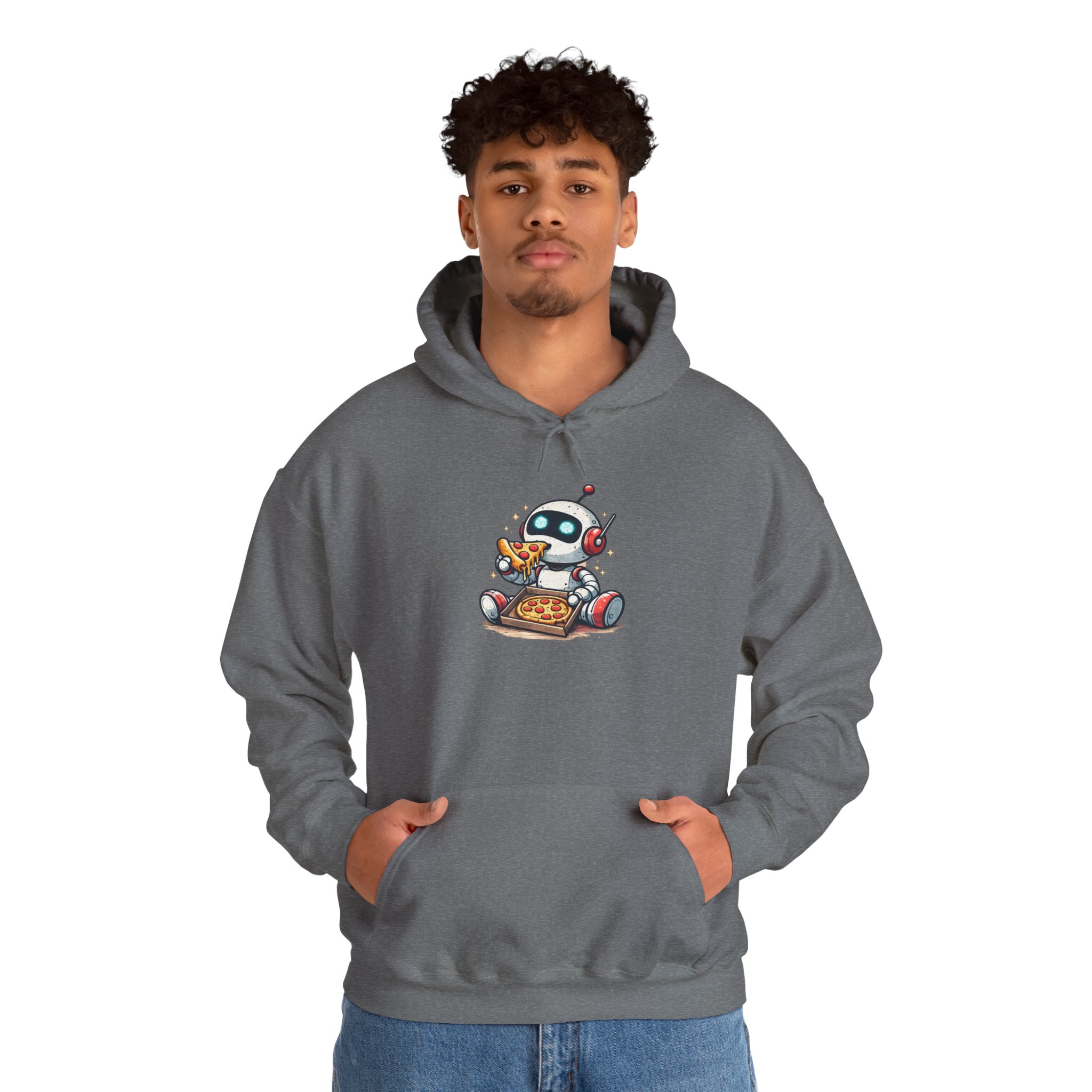 Robot Eating Pizza – Cute AI Tech Humor Graphic Pullover Hoodie - Image 79