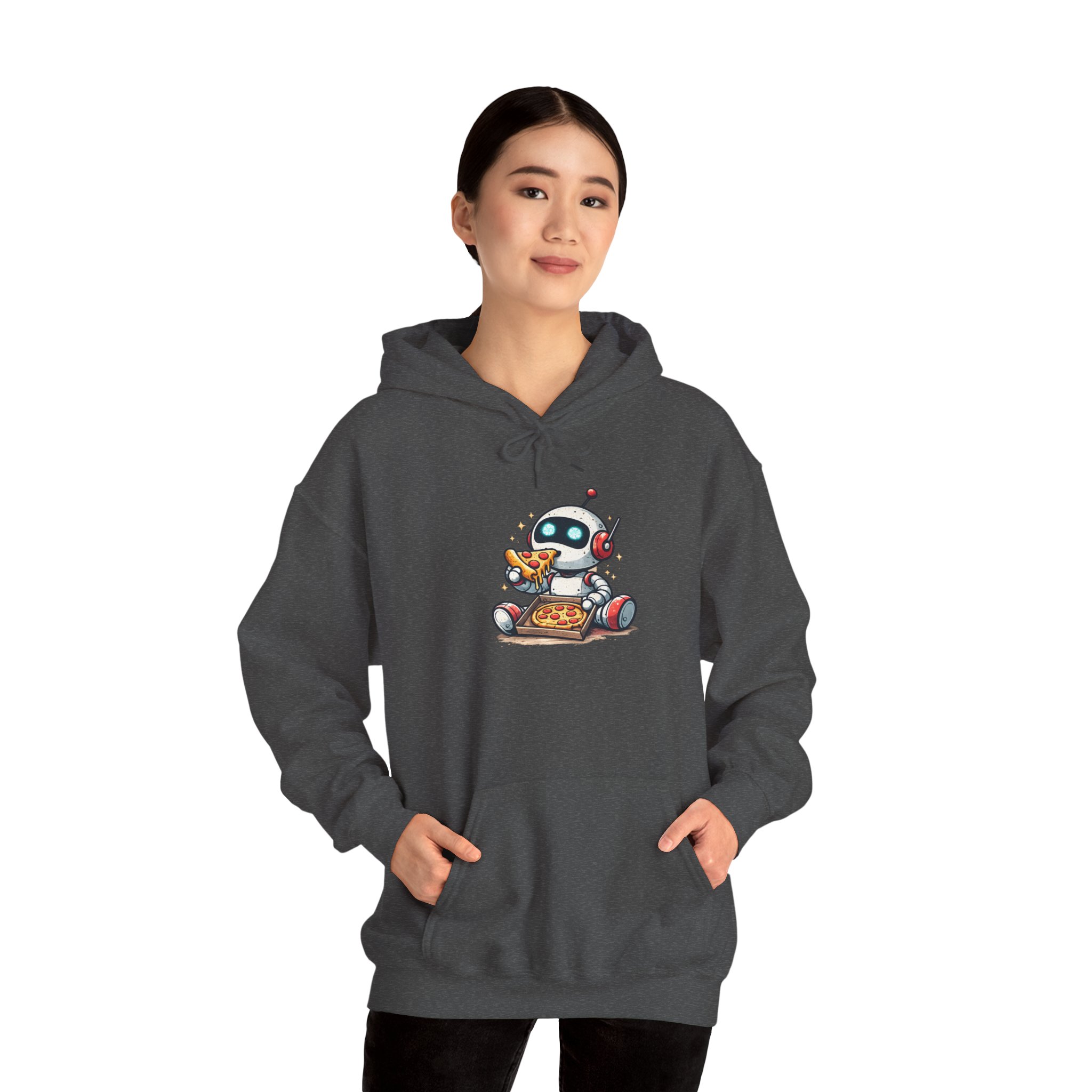 Robot Eating Pizza – Cute AI Tech Humor Graphic Pullover Hoodie - Image 90
