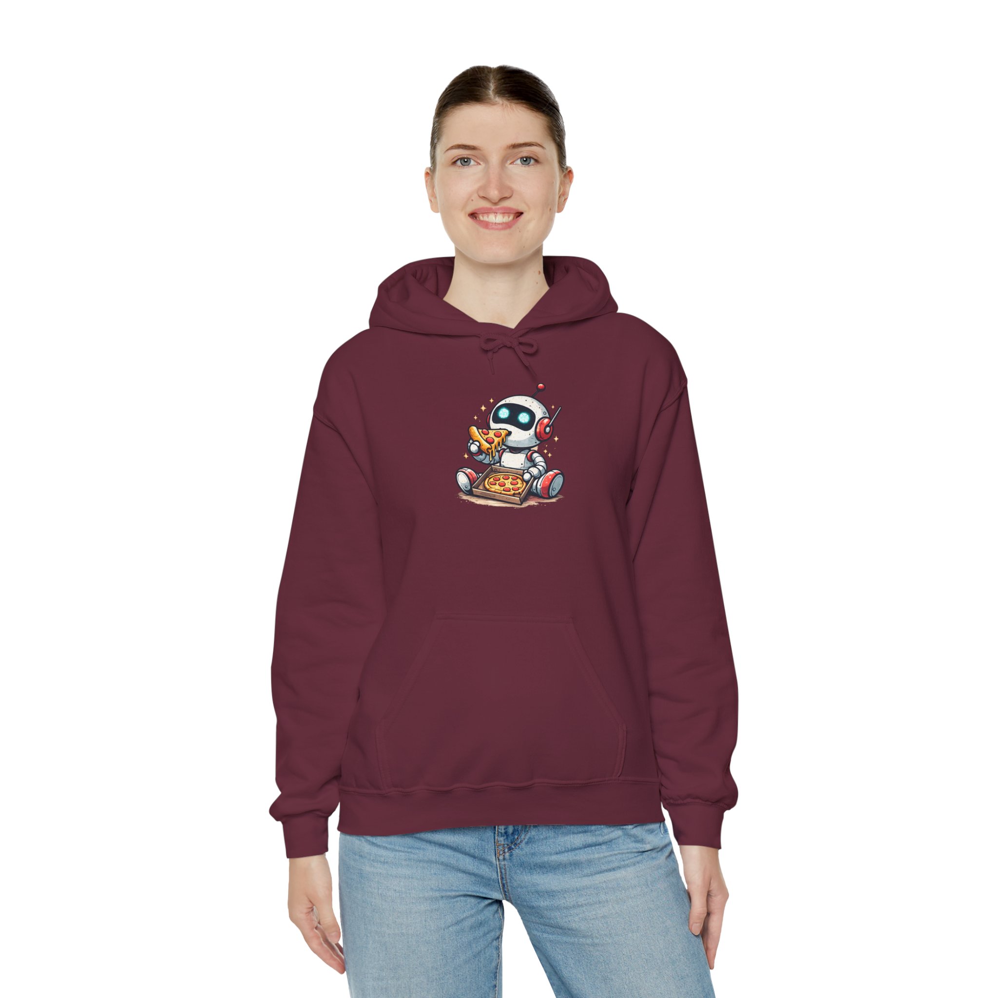 Robot Eating Pizza – Cute AI Tech Humor Graphic Pullover Hoodie - Image 68
