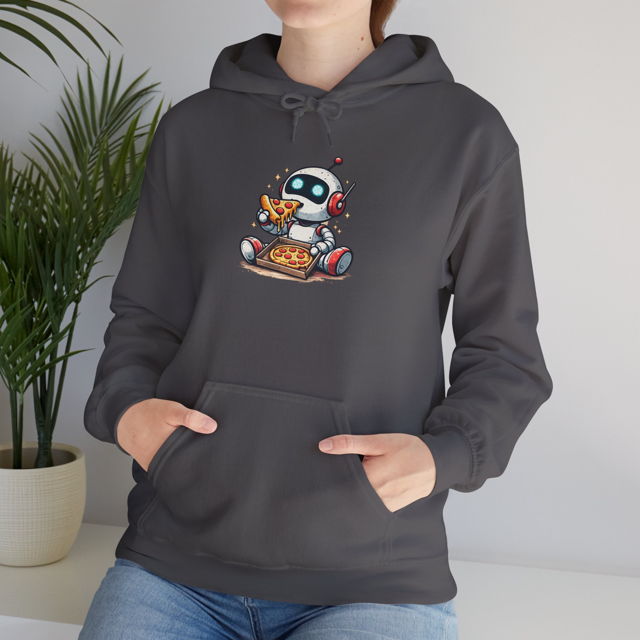 Robot Eating Pizza – Cute AI Tech Humor Graphic Pullover Hoodie - Image 107