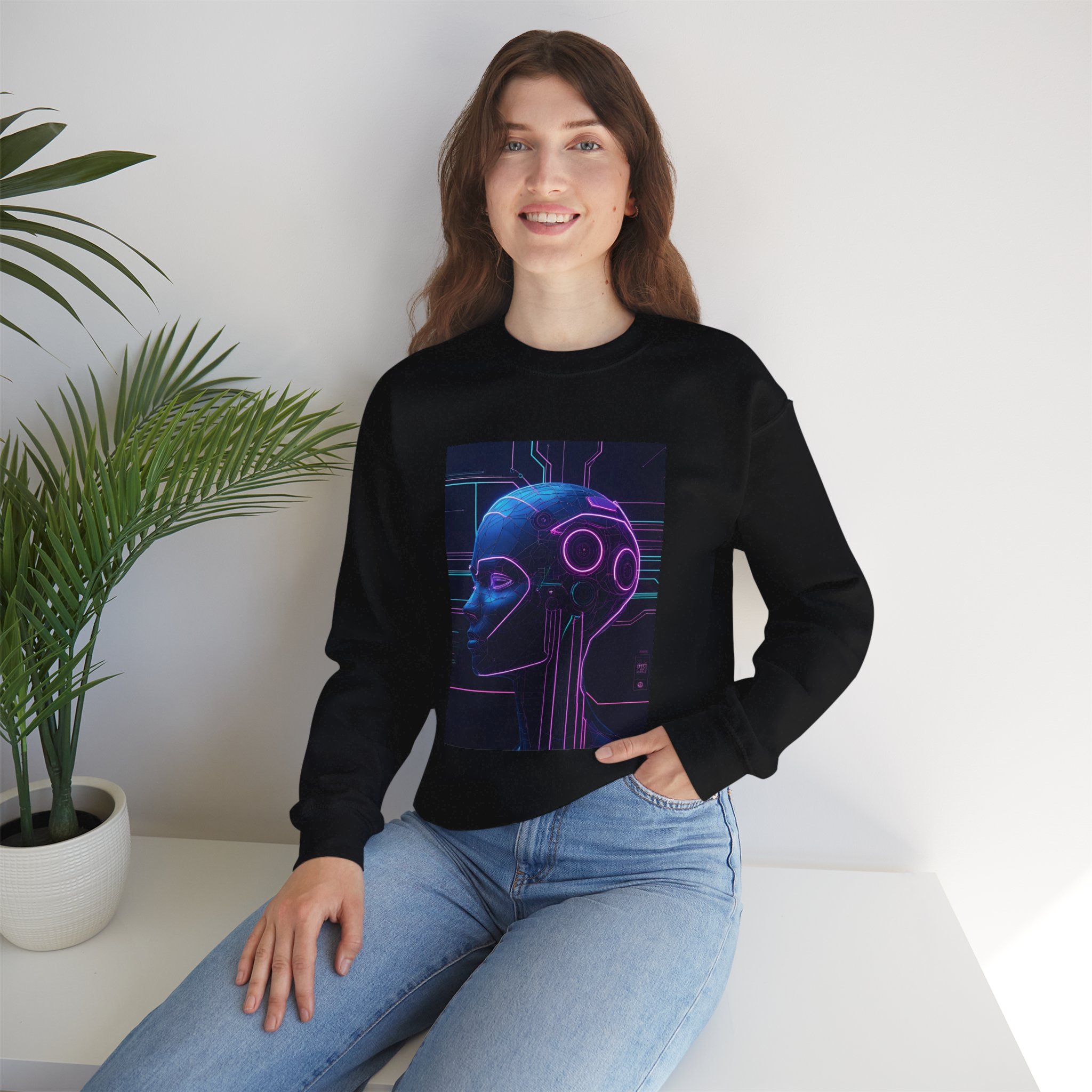Cyberpunk AI Wireframe Neon Circuit Dark Sci-Fi Crewneck Sweatshirt - Image 34