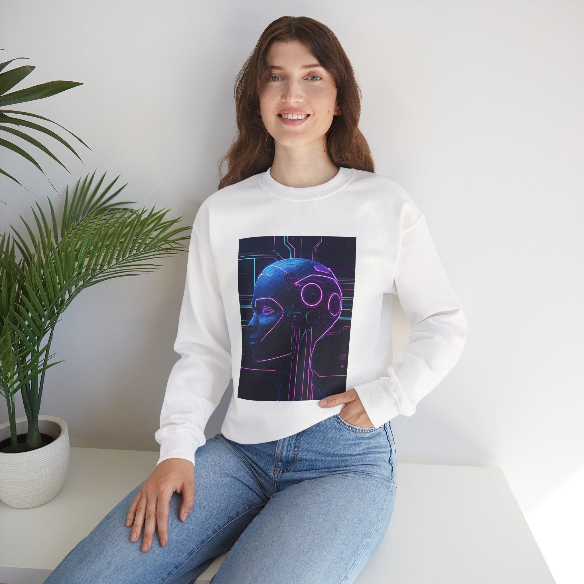 Cyberpunk AI Wireframe Neon Circuit Dark Sci-Fi Crewneck Sweatshirt - Image 13