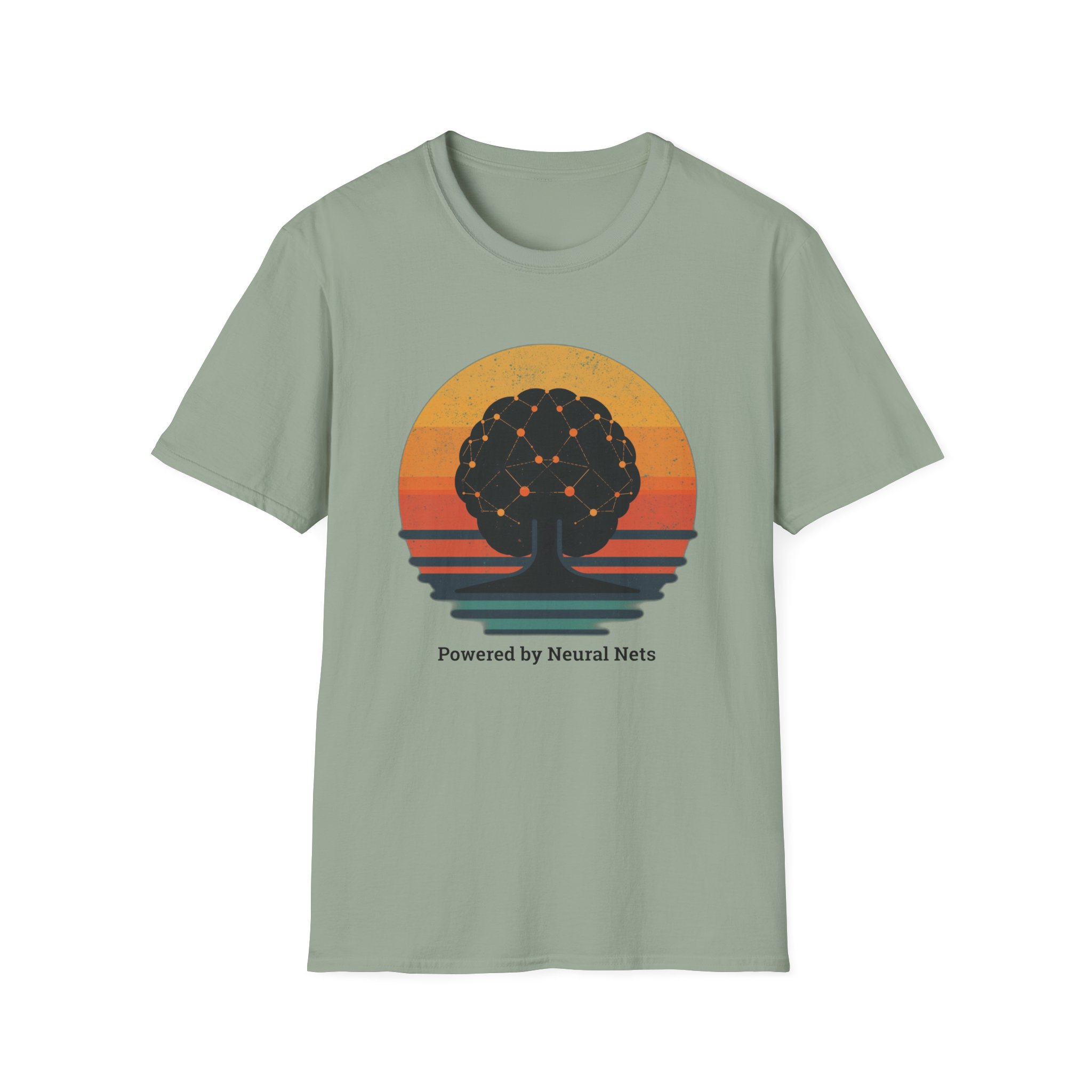 Powered by Neural Nets Retro Sunset Neural Network Tree AI T-Shirt - Image 2