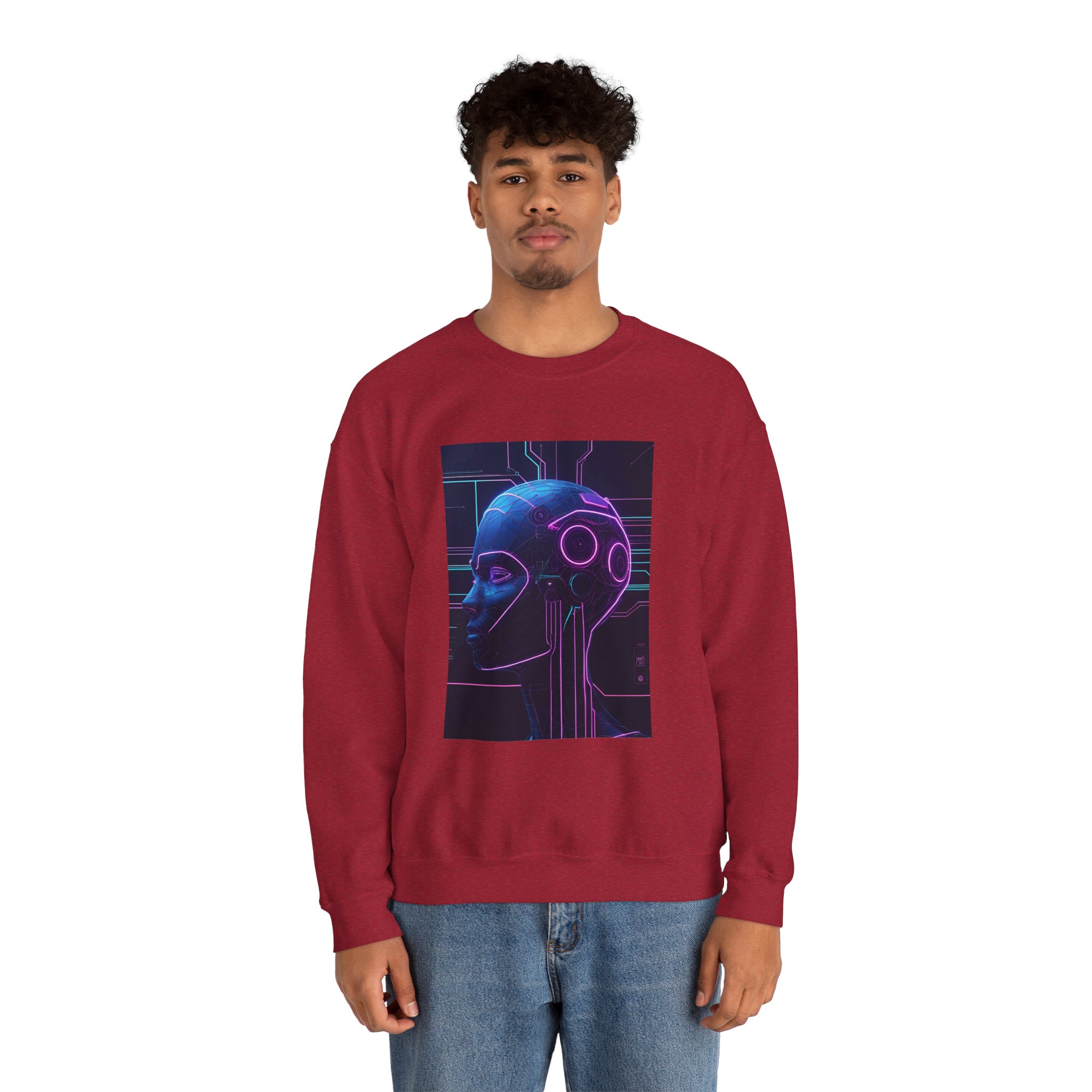Cyberpunk AI Wireframe Neon Circuit Dark Sci-Fi Crewneck Sweatshirt - Image 82