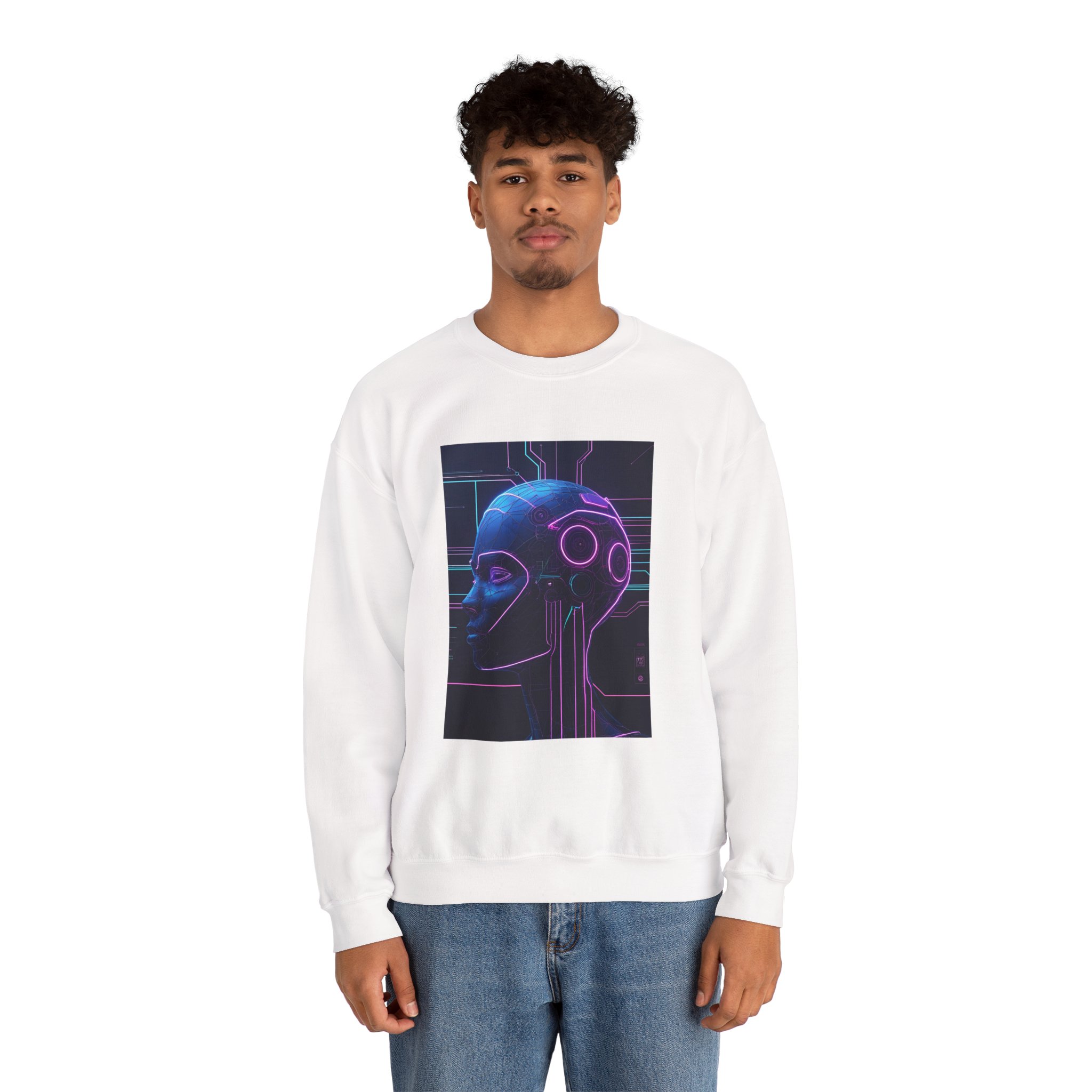 Cyberpunk AI Wireframe Neon Circuit Dark Sci-Fi Crewneck Sweatshirt - Image 12