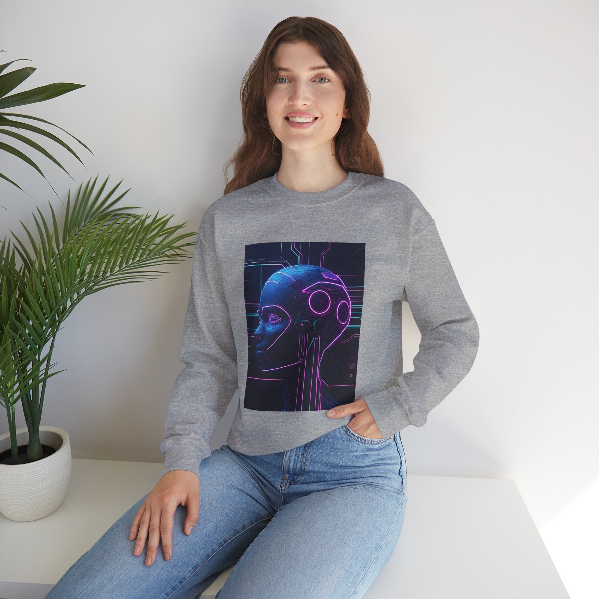 Cyberpunk AI Wireframe Neon Circuit Dark Sci-Fi Crewneck Sweatshirt - Image 6
