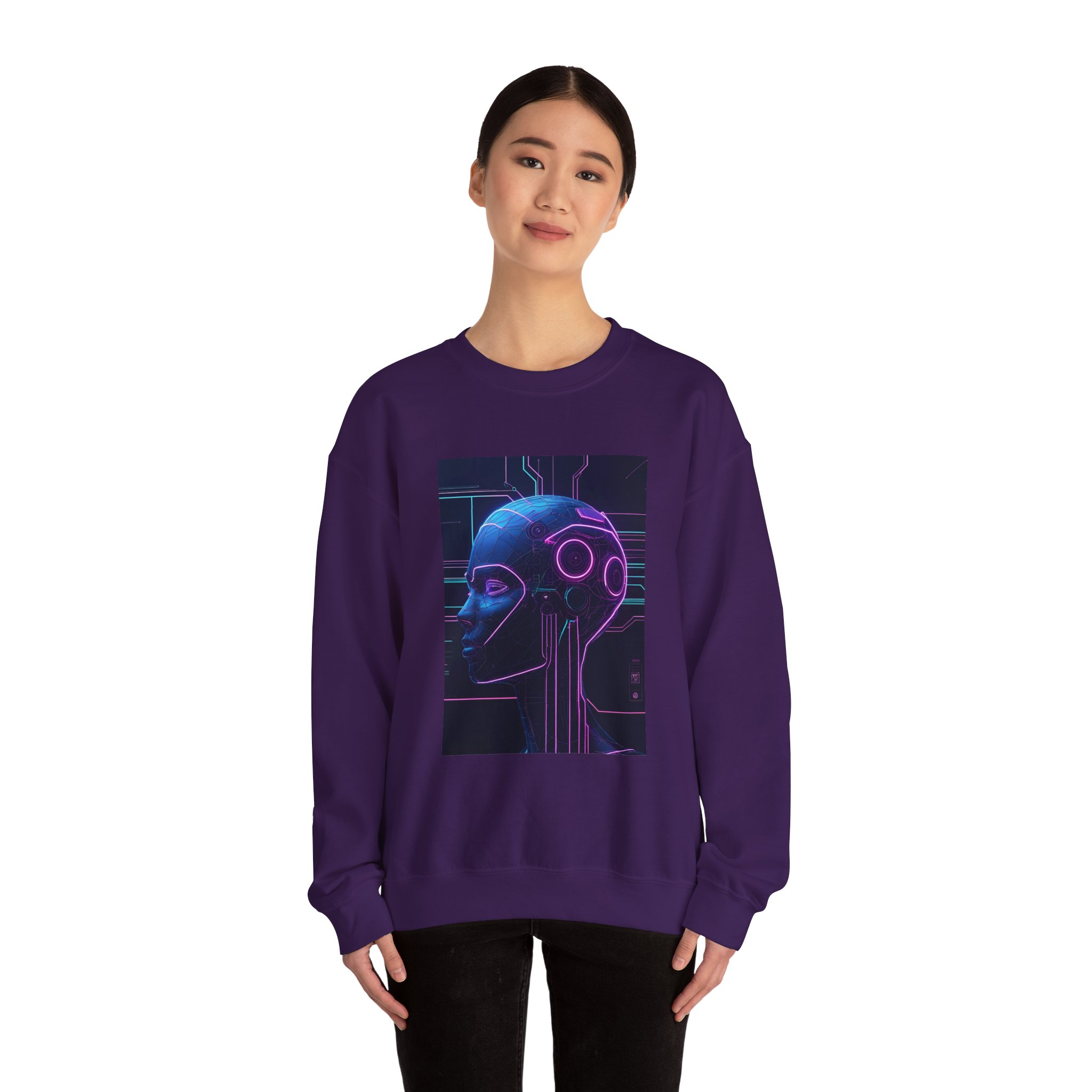 Cyberpunk AI Wireframe Neon Circuit Dark Sci-Fi Crewneck Sweatshirt - Image 60