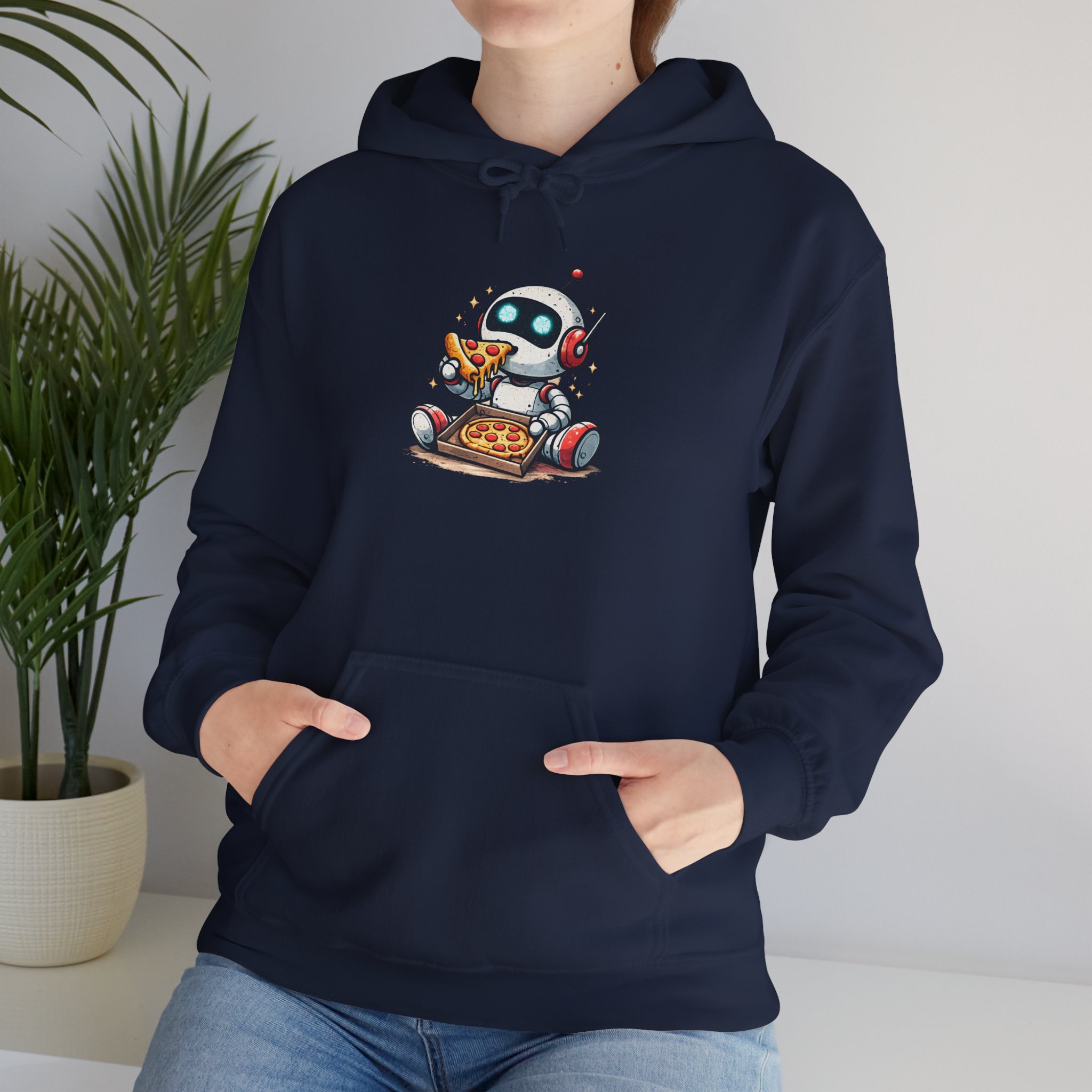 Robot Eating Pizza – Cute AI Tech Humor Graphic Pullover Hoodie - Image 119