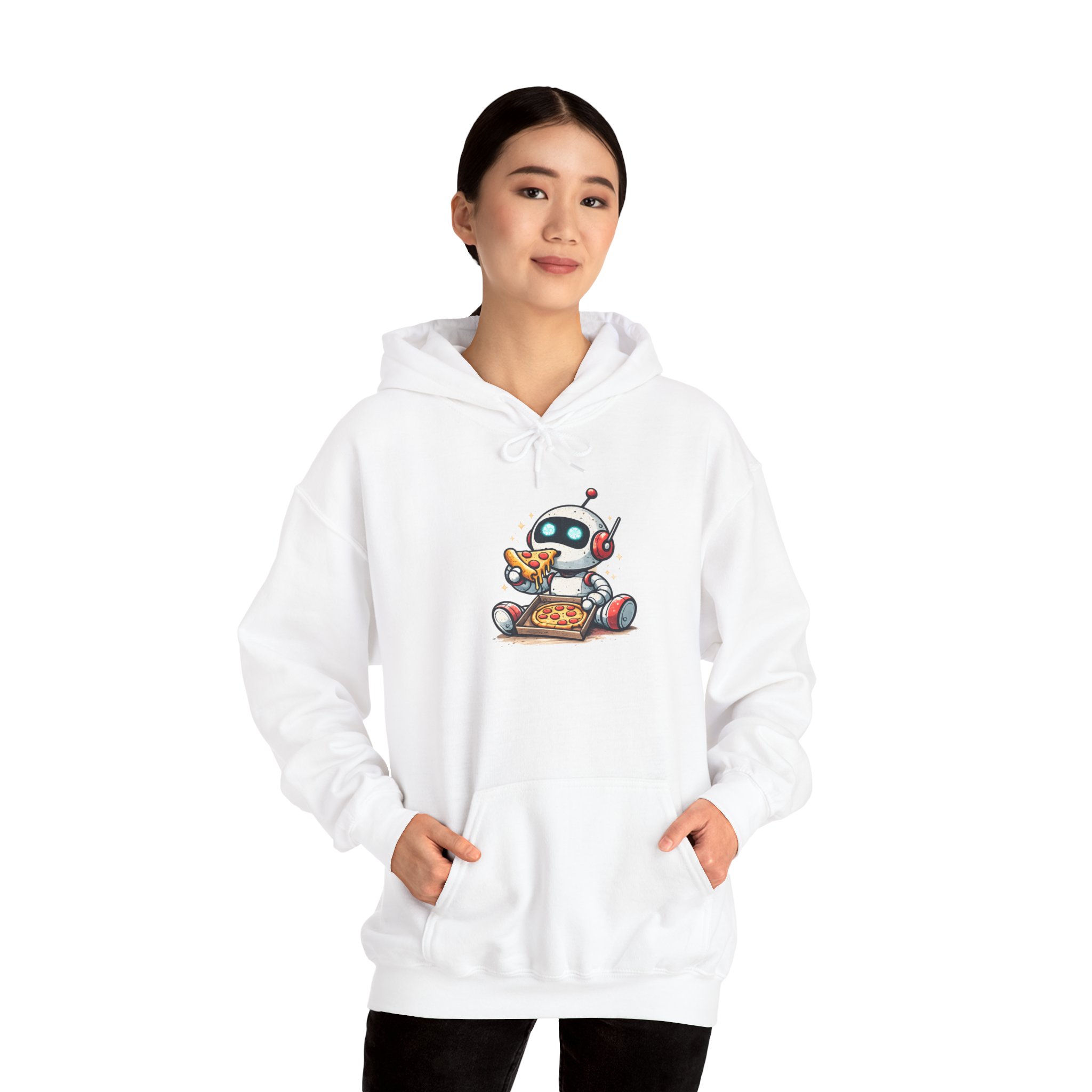 Robot Eating Pizza – Cute AI Tech Humor Graphic Pullover Hoodie - Image 15