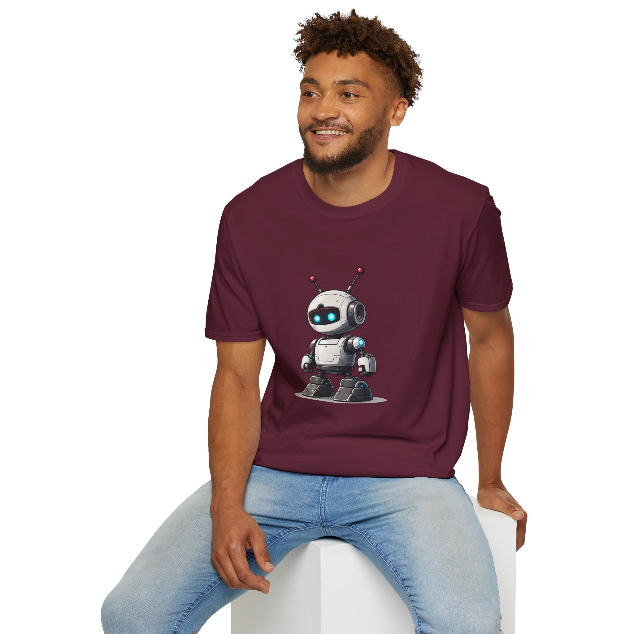 Cute Robot Glowing Eyes – Funny AI Tech Mascot Graphic T-Shirt - Image 54