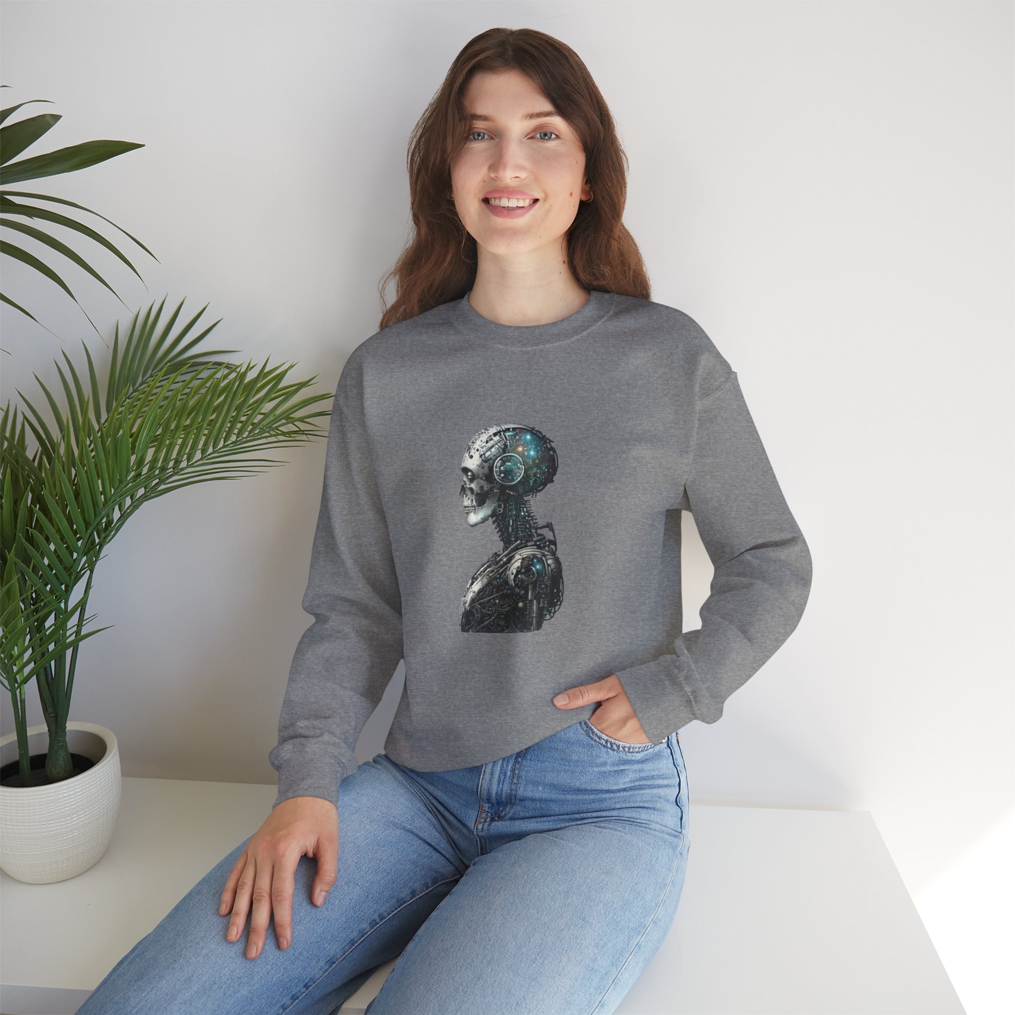 Cosmic Cyber Skull – Dark Cyberpunk Biomechanical Crewneck Sweatshirt - Image 62