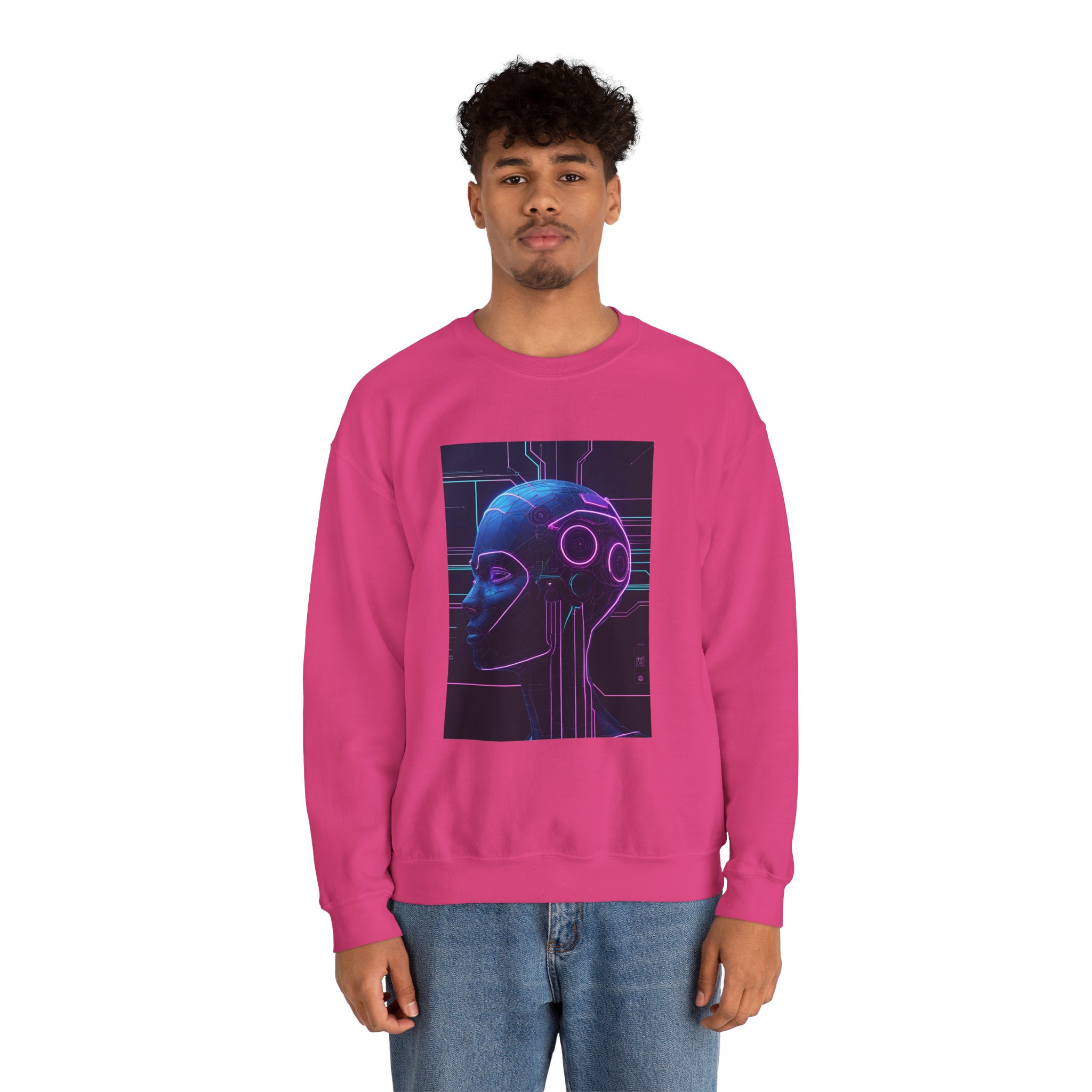 Cyberpunk AI Wireframe Neon Circuit Dark Sci-Fi Crewneck Sweatshirt - Image 68