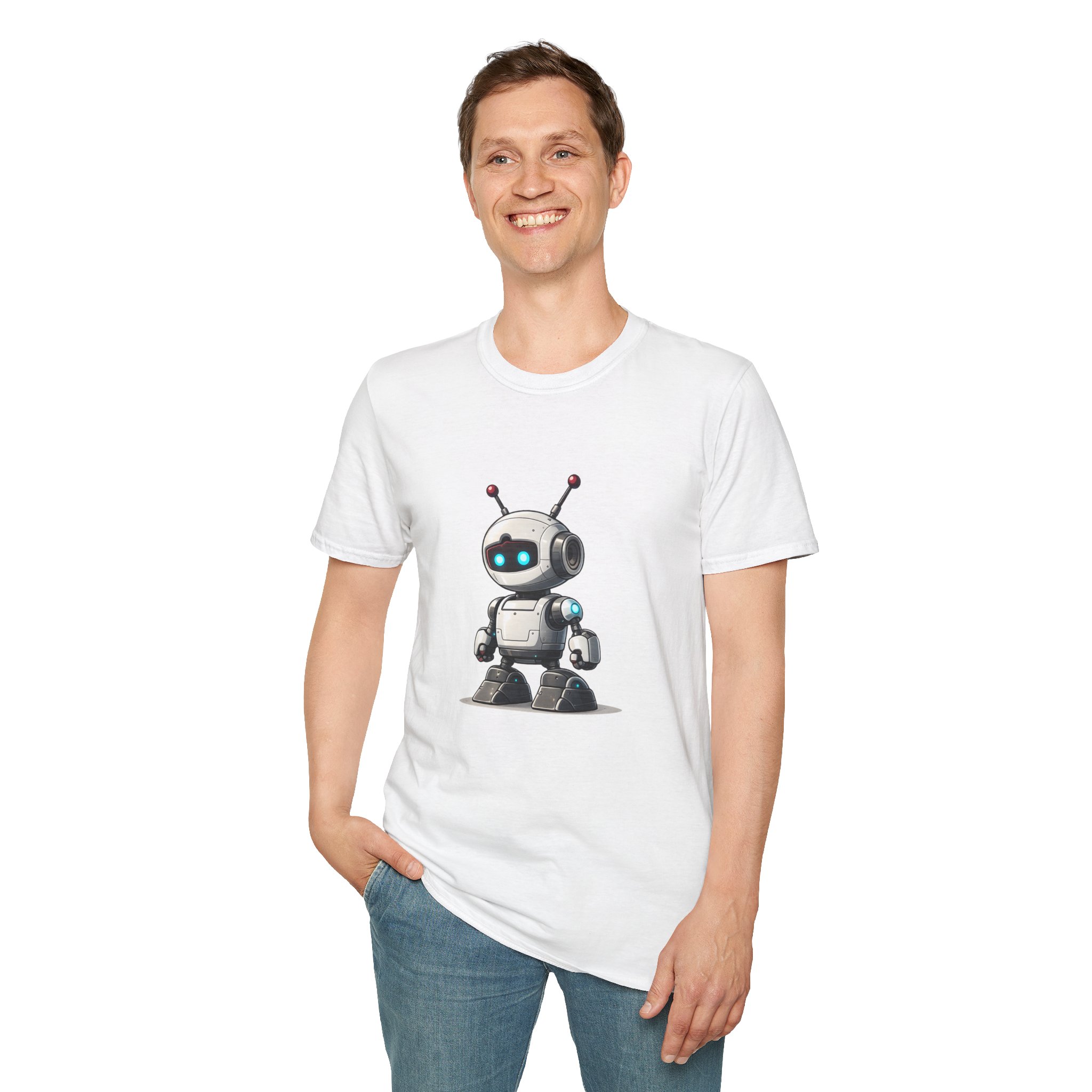 Cute Robot Glowing Eyes – Funny AI Tech Mascot Graphic T-Shirt - Image 12
