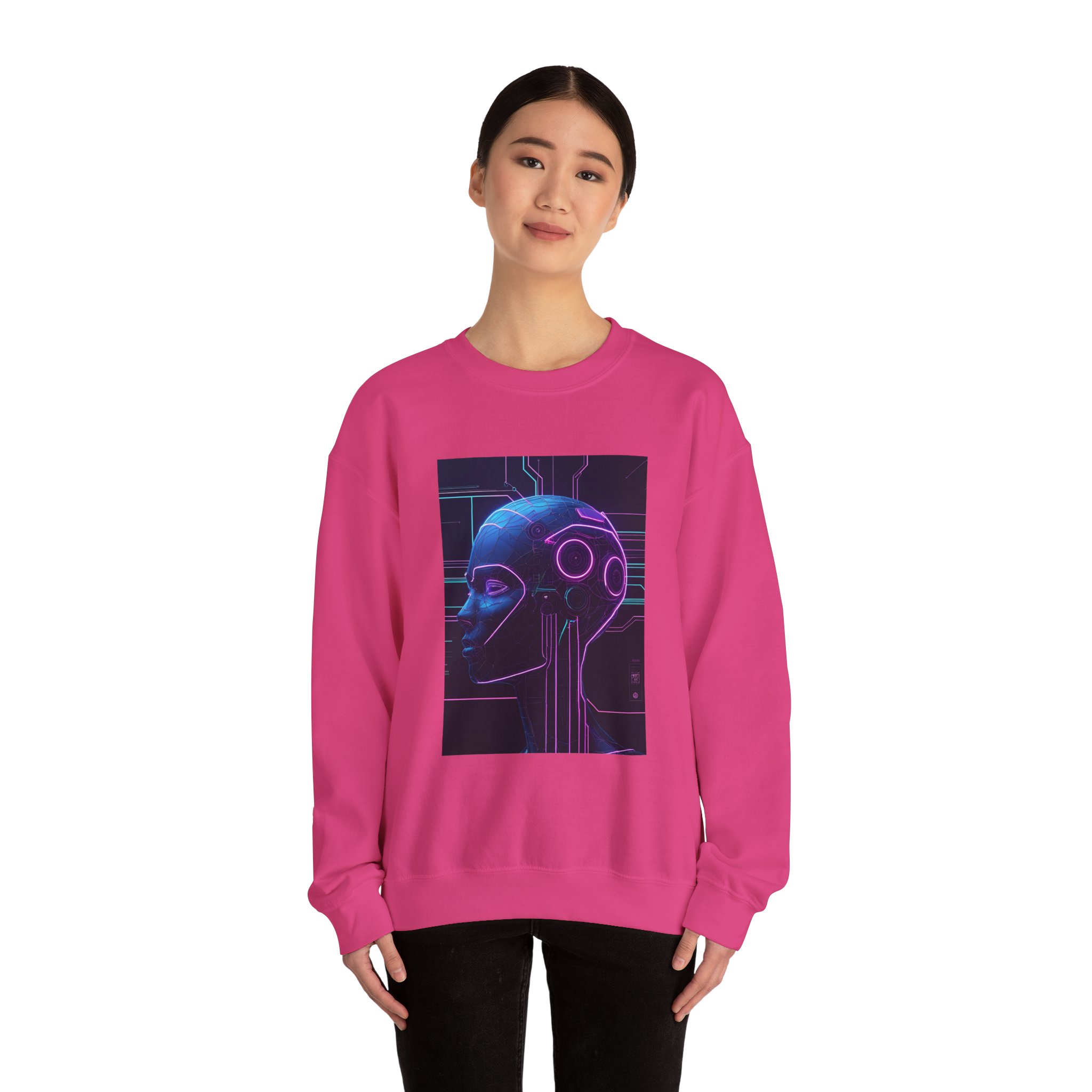 Cyberpunk AI Wireframe Neon Circuit Dark Sci-Fi Crewneck Sweatshirt - Image 67