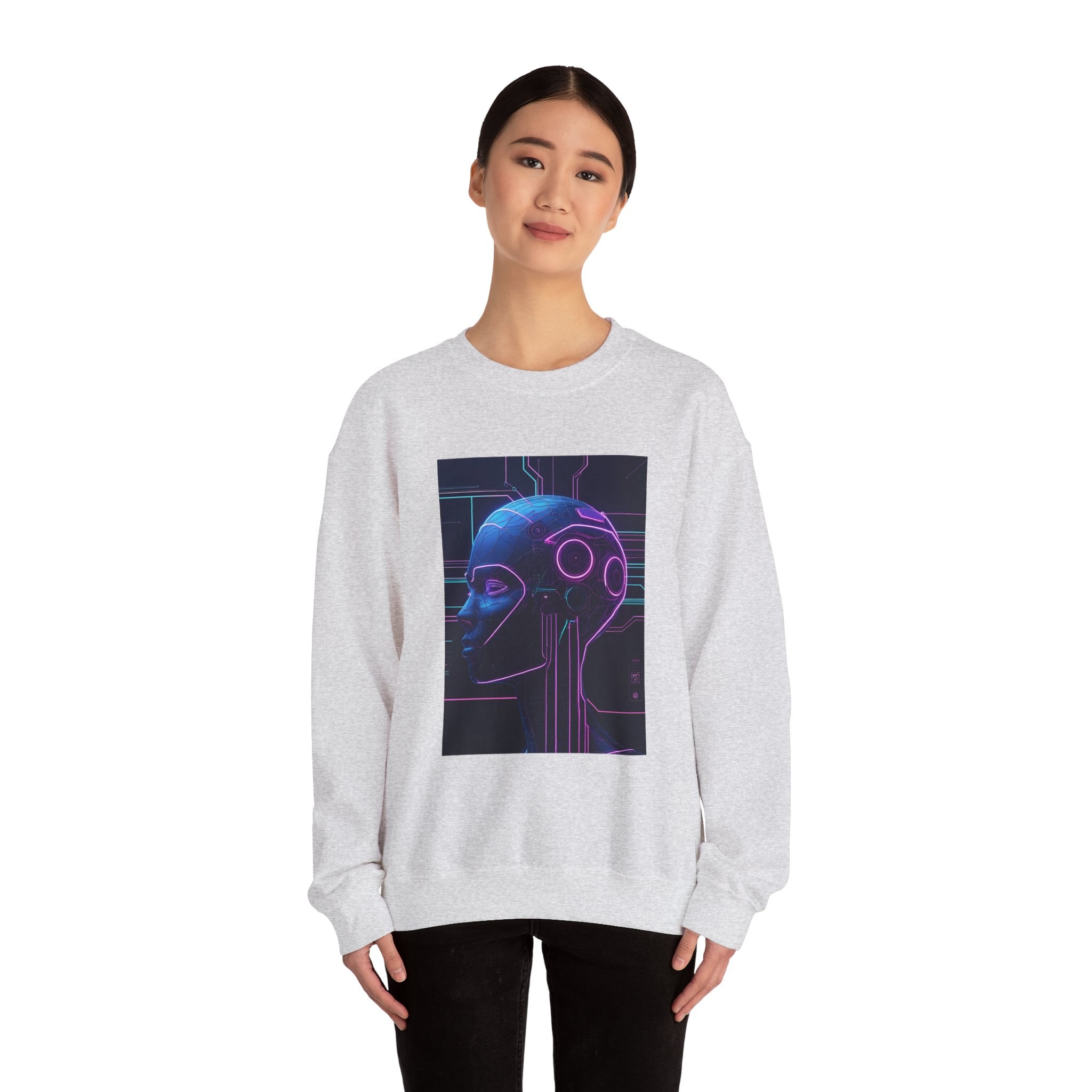 Cyberpunk AI Wireframe Neon Circuit Dark Sci-Fi Crewneck Sweatshirt - Image 18
