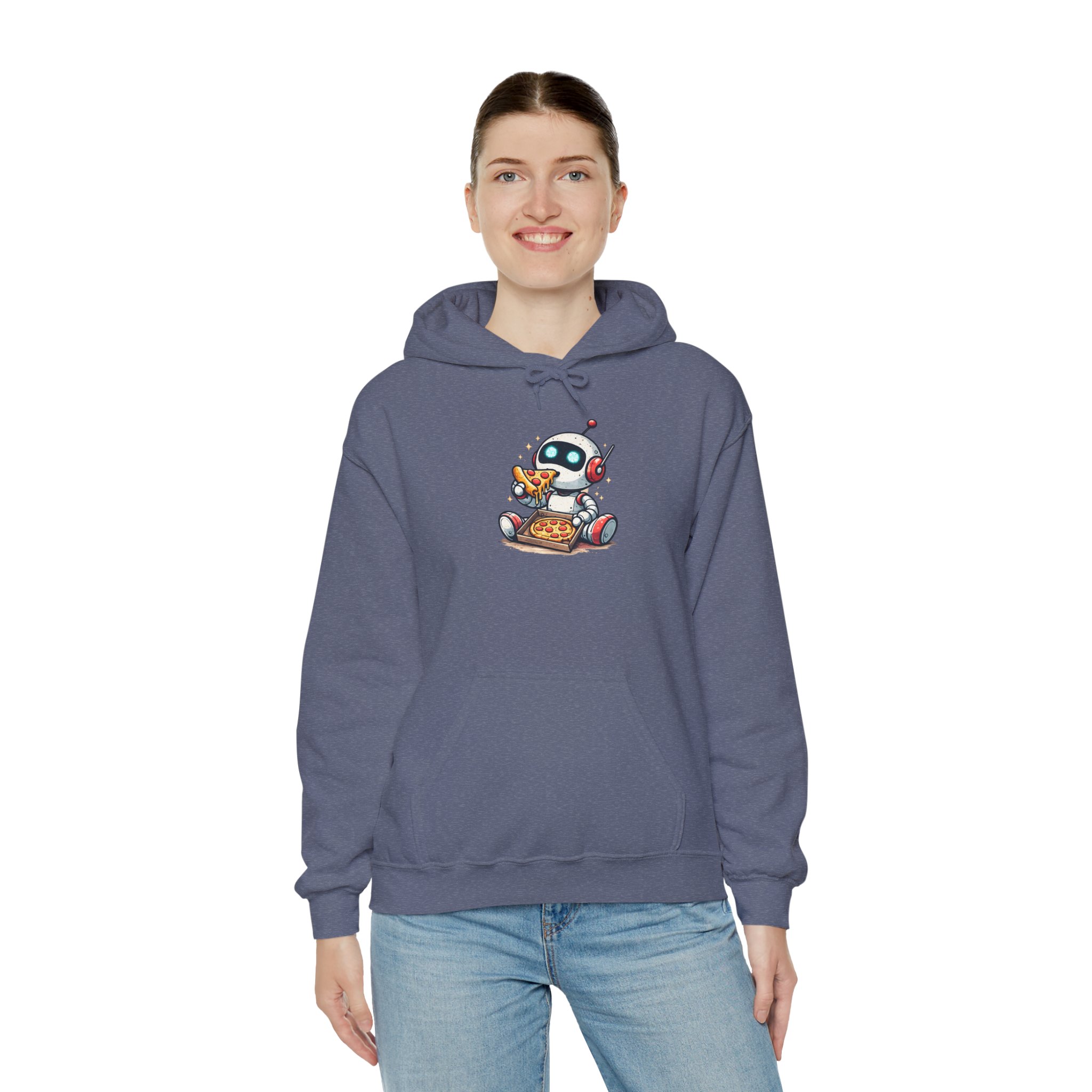 Robot Eating Pizza – Cute AI Tech Humor Graphic Pullover Hoodie - Image 128