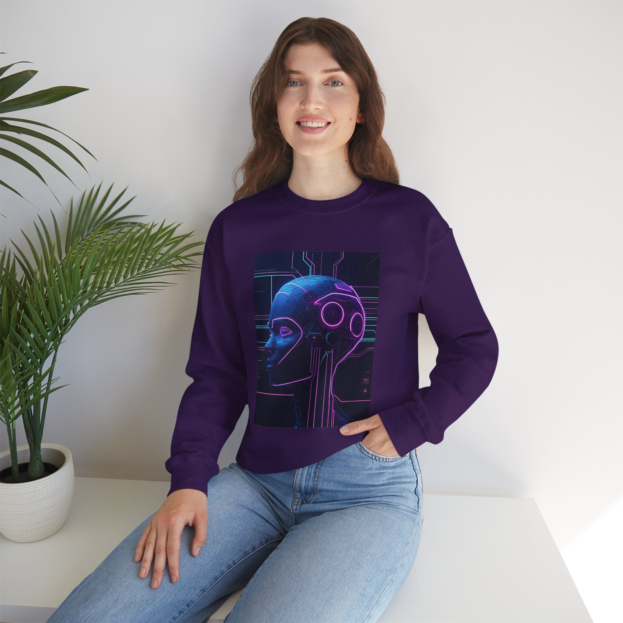 Cyberpunk AI Wireframe Neon Circuit Dark Sci-Fi Crewneck Sweatshirt - Image 62
