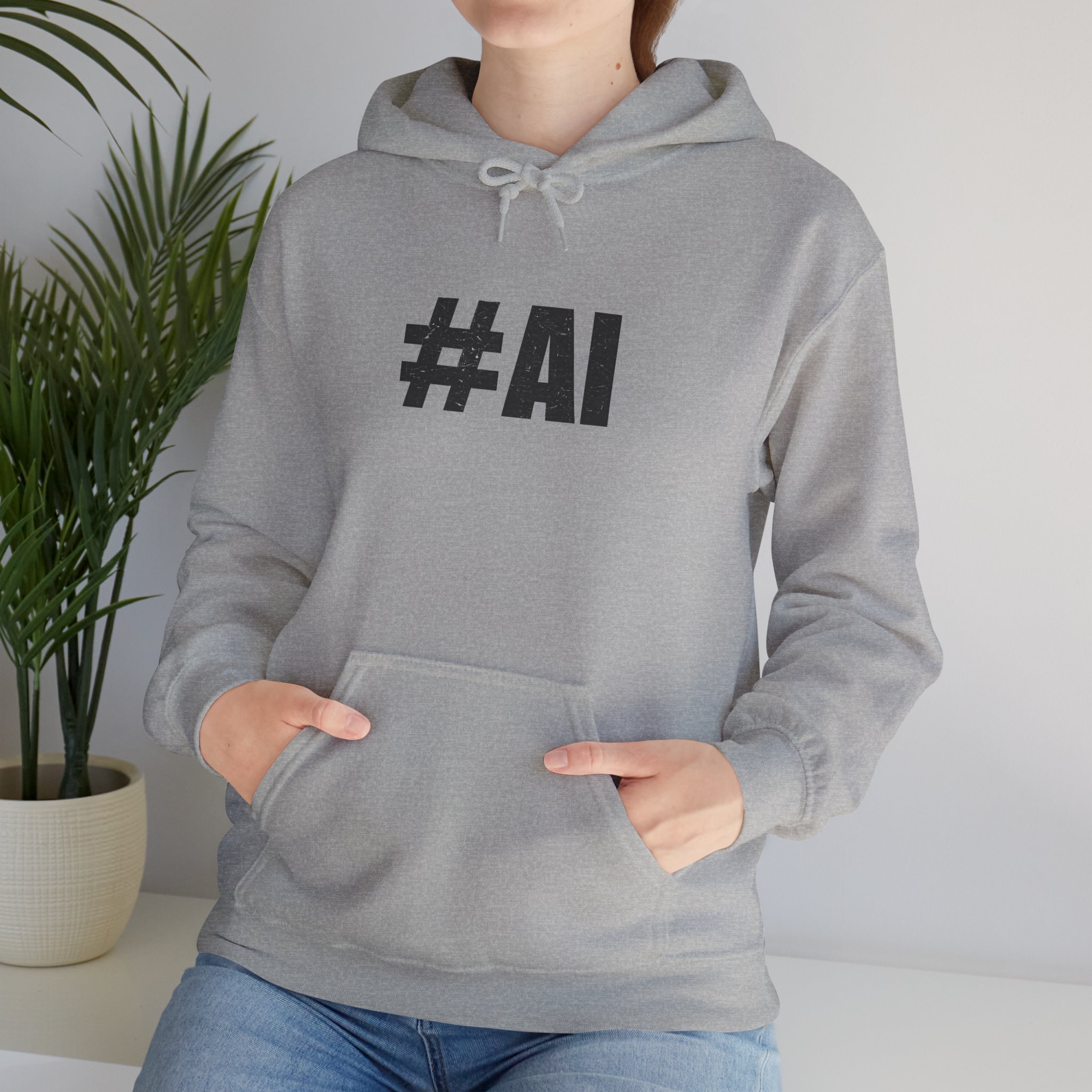 #AI Distressed Dark Minimalist Artificial Intelligence Pullover Hoodie - Image 59