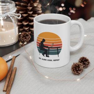 Eat Sleep Code Repeat Retro Sunset Programmer Silhouette Coffee Mug Gift (11oz/15oz)