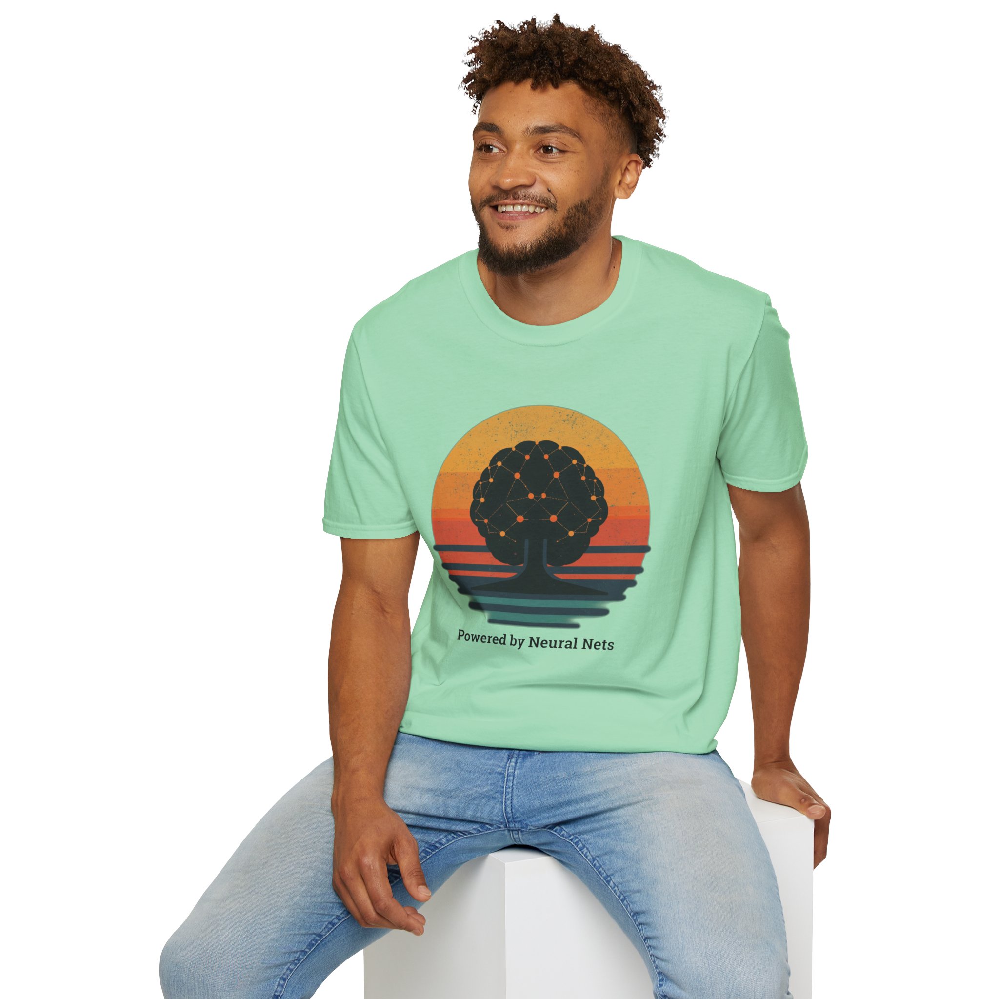 Powered by Neural Nets Retro Sunset Neural Network Tree AI T-Shirt - Image 80