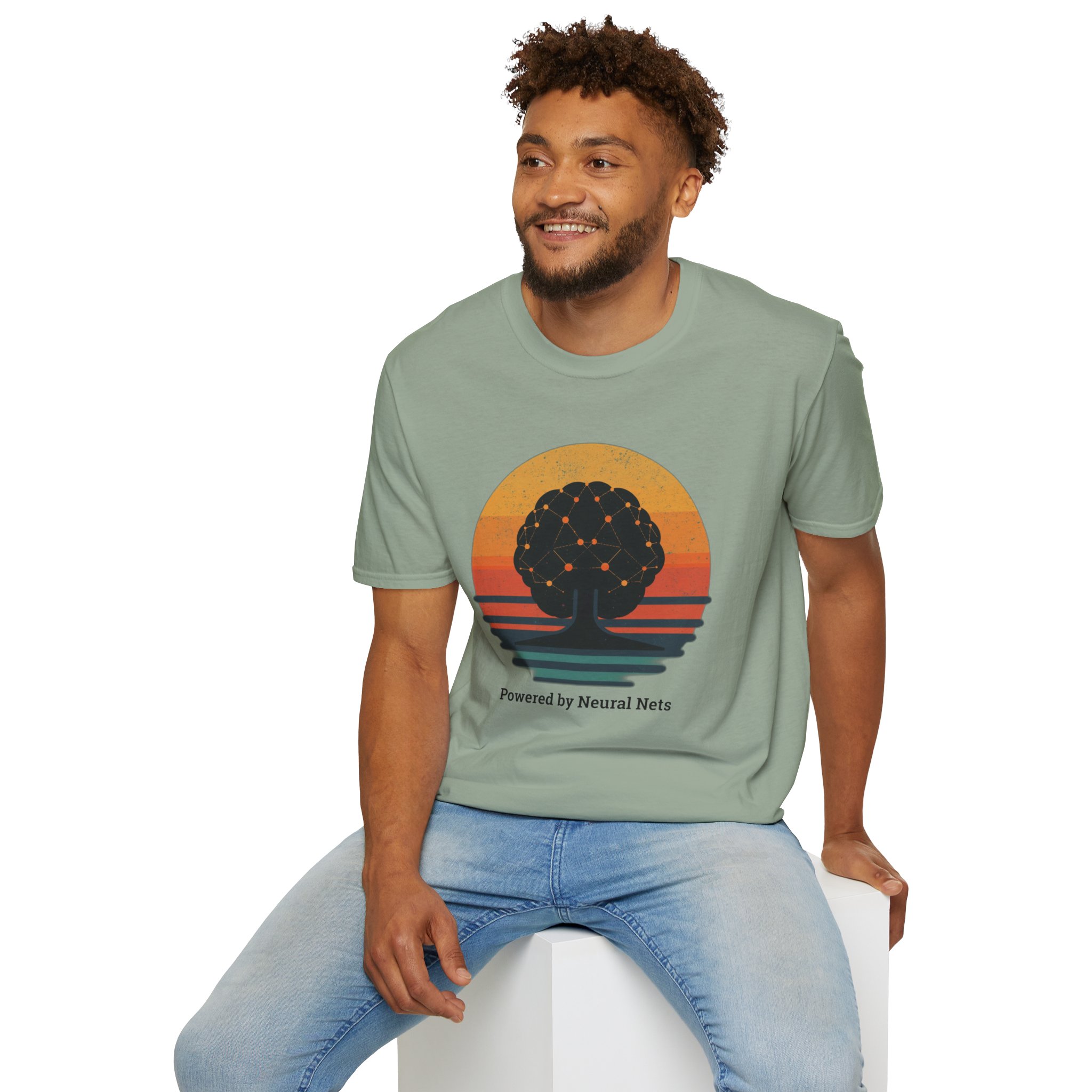 Powered by Neural Nets Retro Sunset Neural Network Tree AI T-Shirt - Image 8