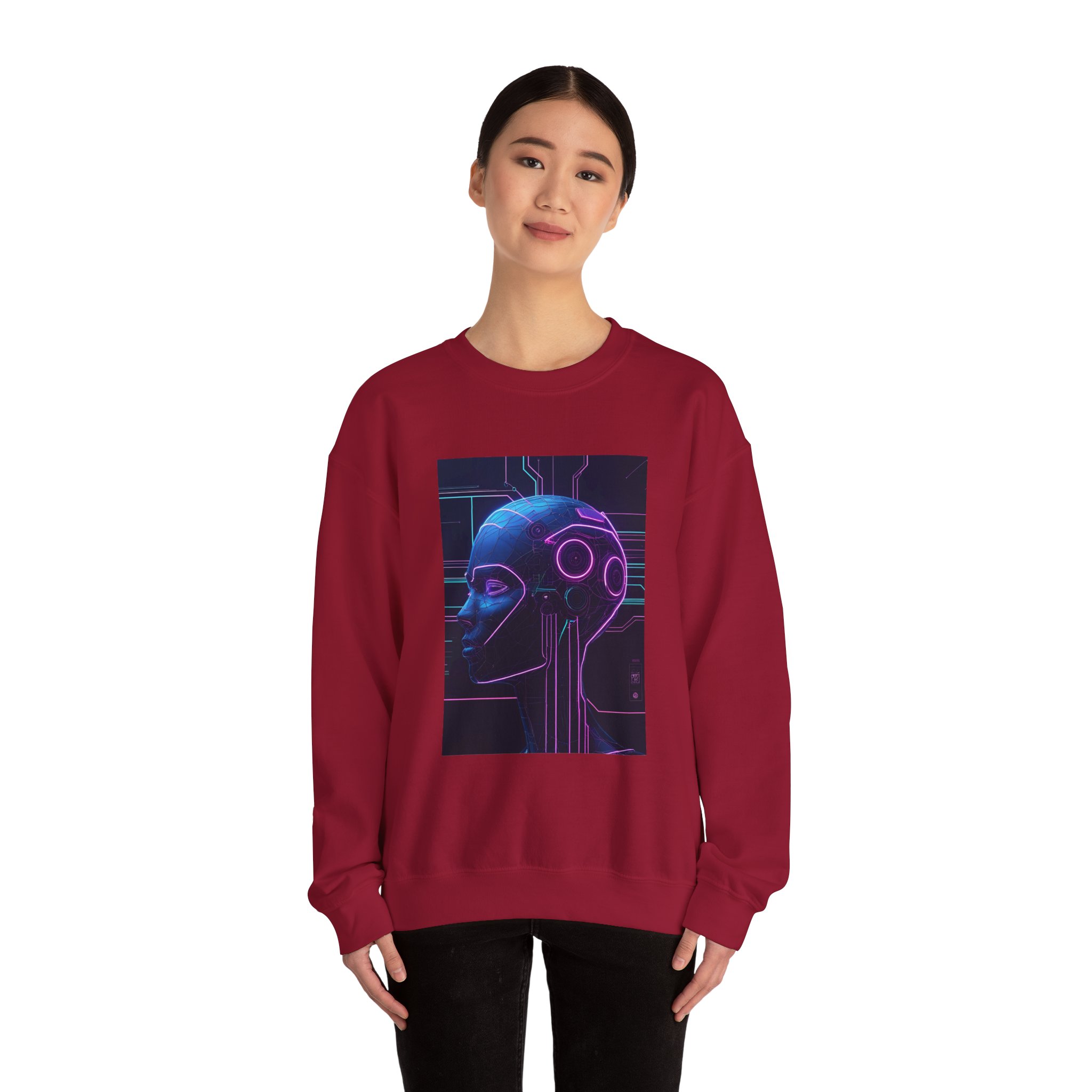 Cyberpunk AI Wireframe Neon Circuit Dark Sci-Fi Crewneck Sweatshirt - Image 95